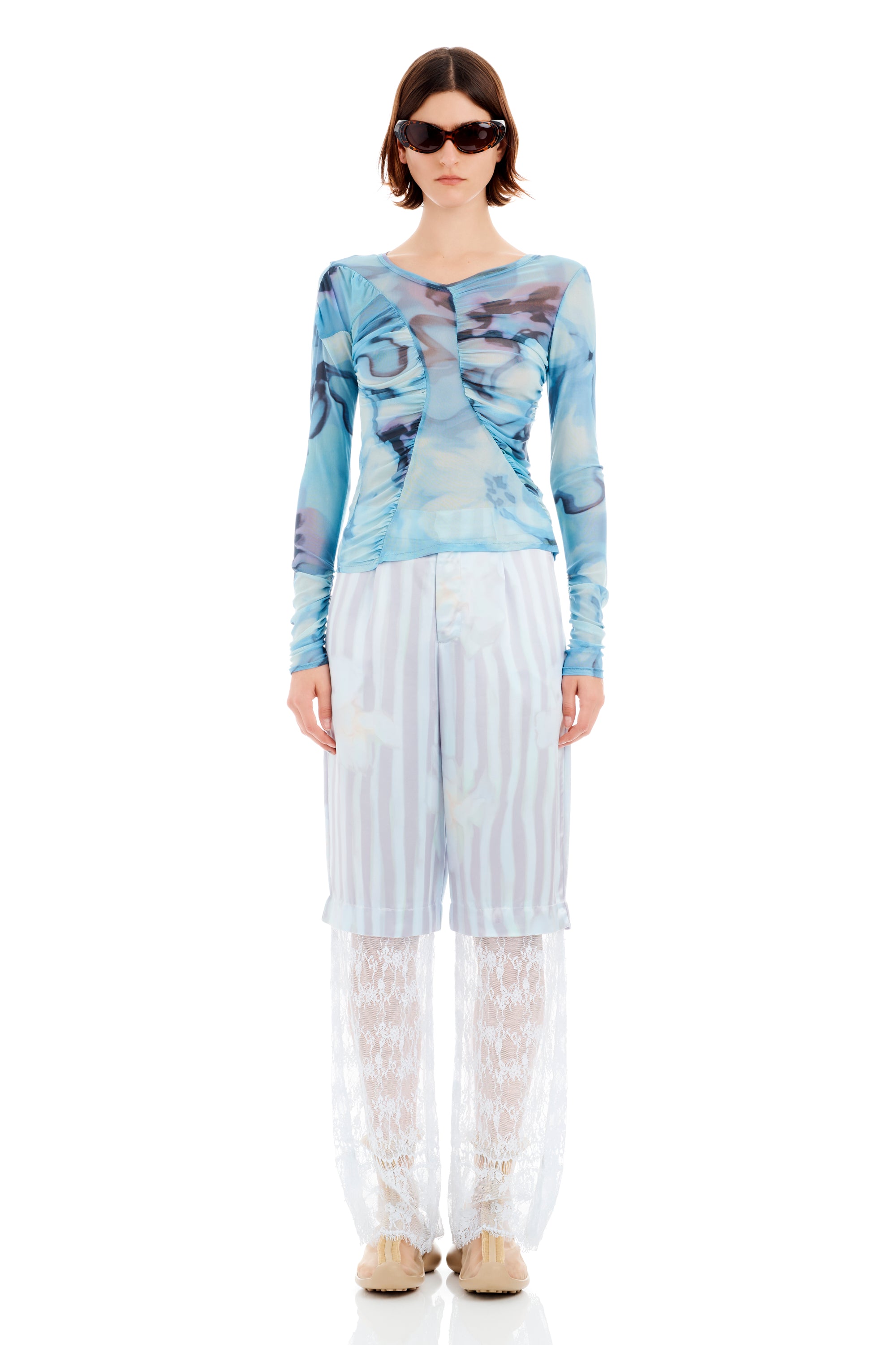 SKY WATERCOLOR FLORAL SERPENTINE L/S TOP