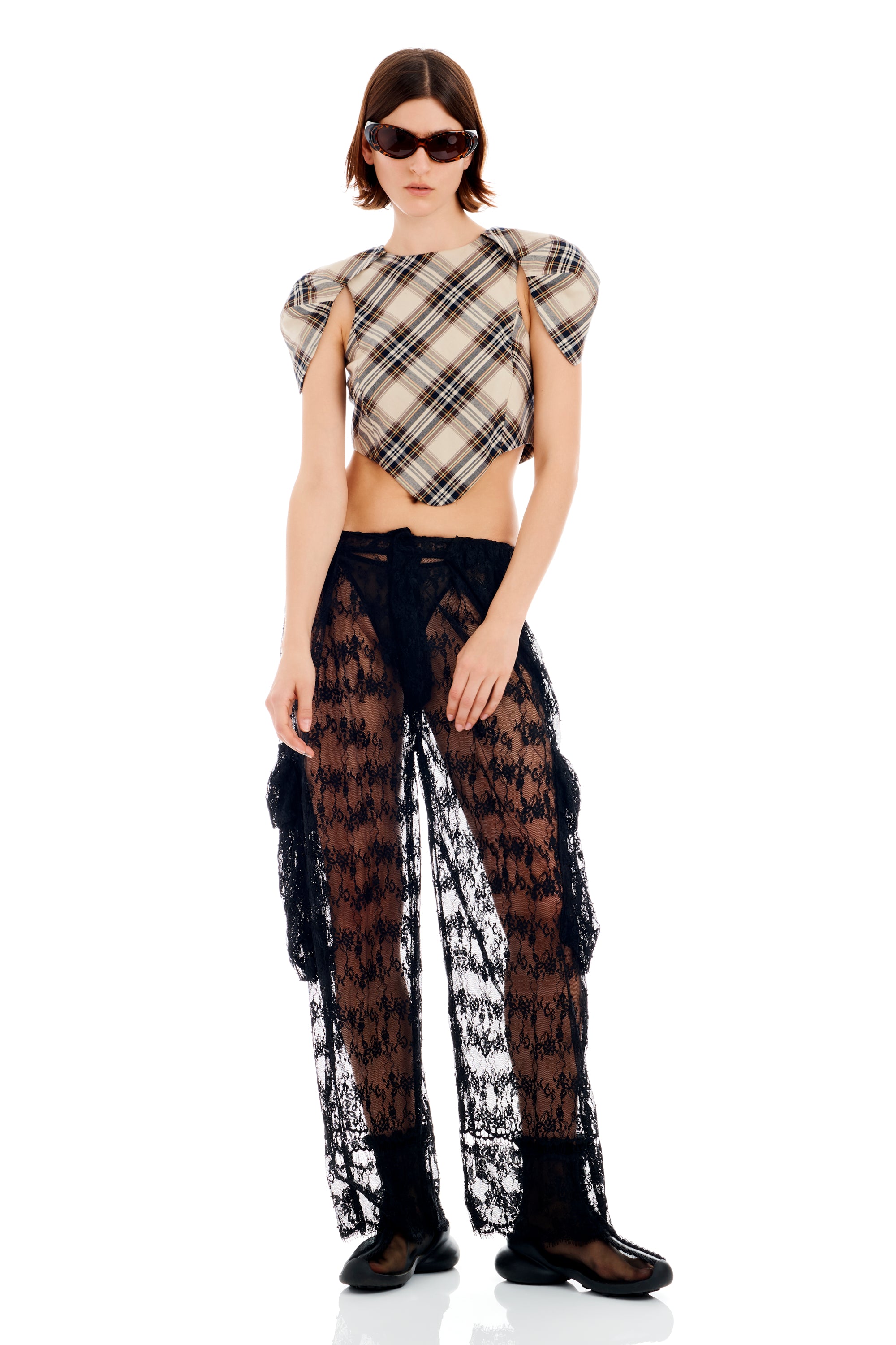 BLACK LACE PLEATED CARGO PANT