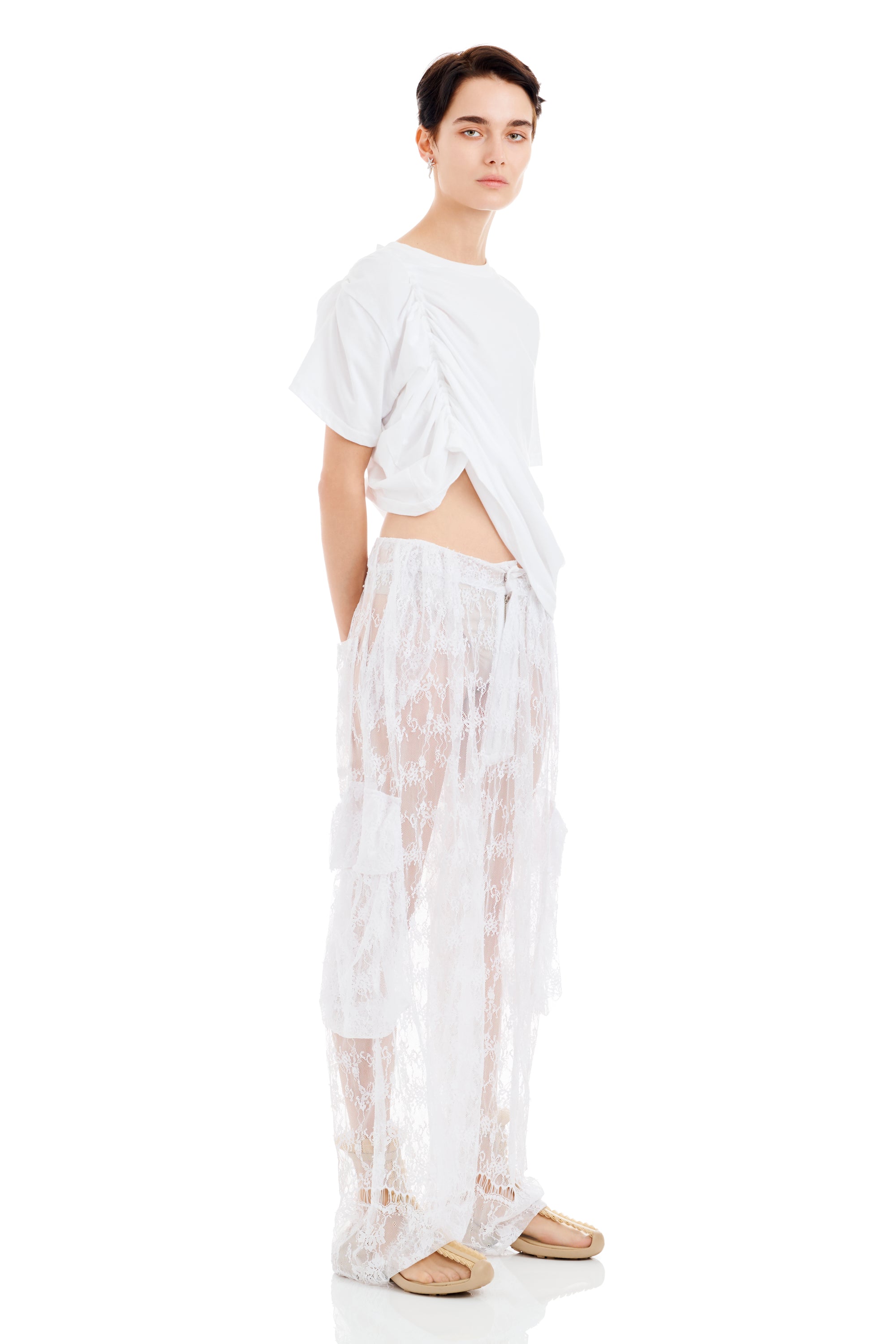 WHITE LACE PLEATED CARGO PANT