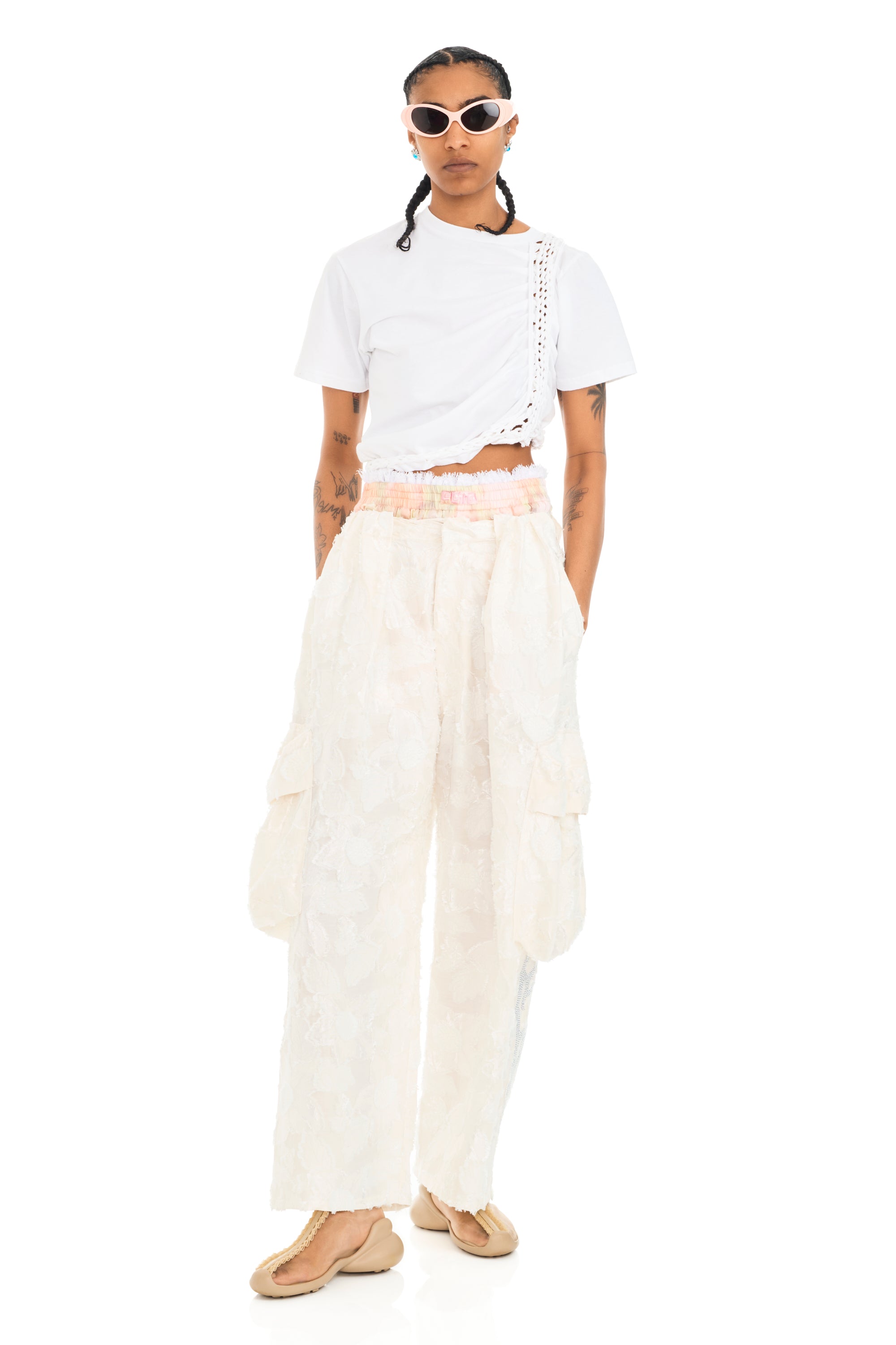 WHITE WINGS RHINESTONE PLEATED CARGO PANT