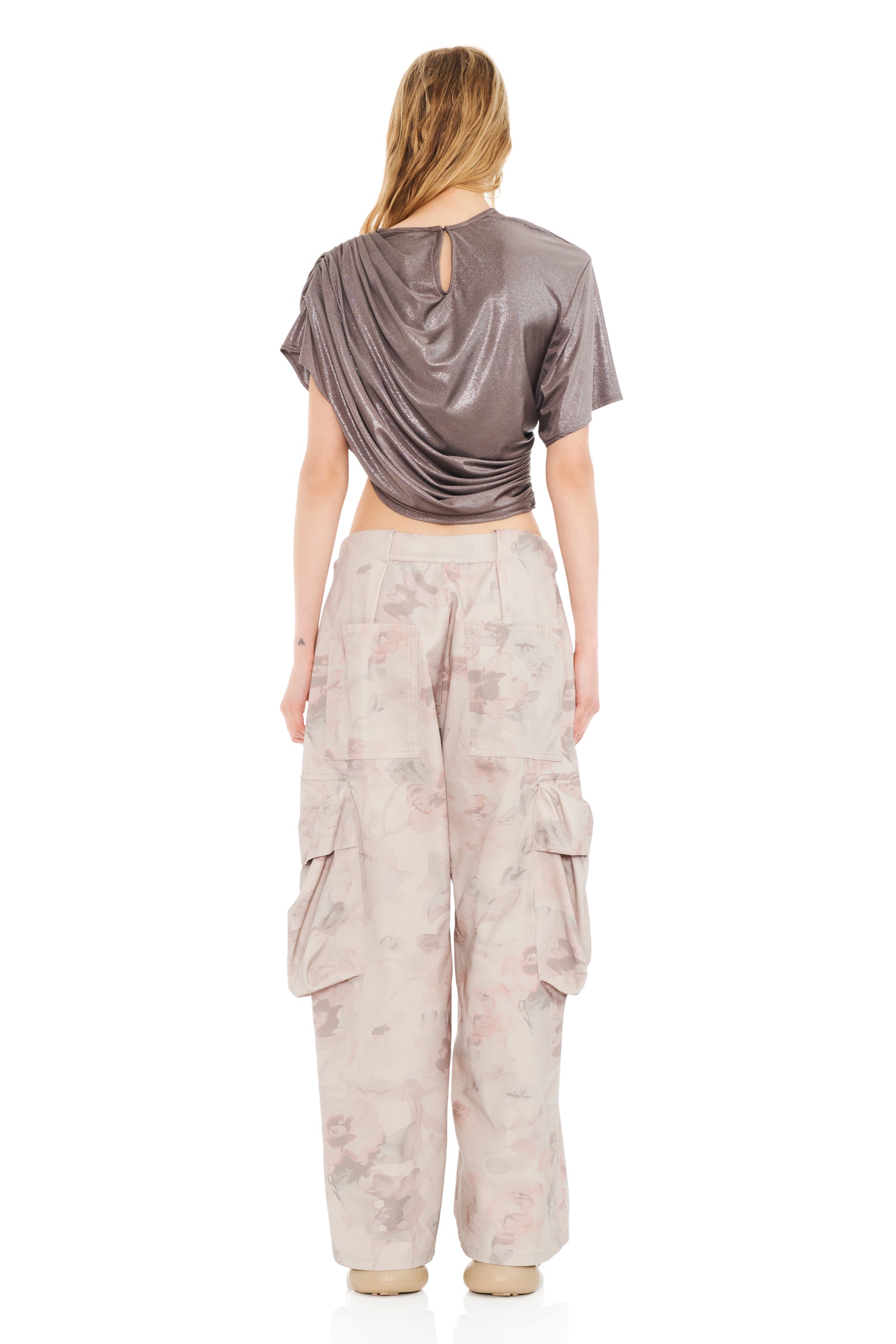 WASHED BEIGE WATERCOLOR ROSES PLEATED CARGO PANT