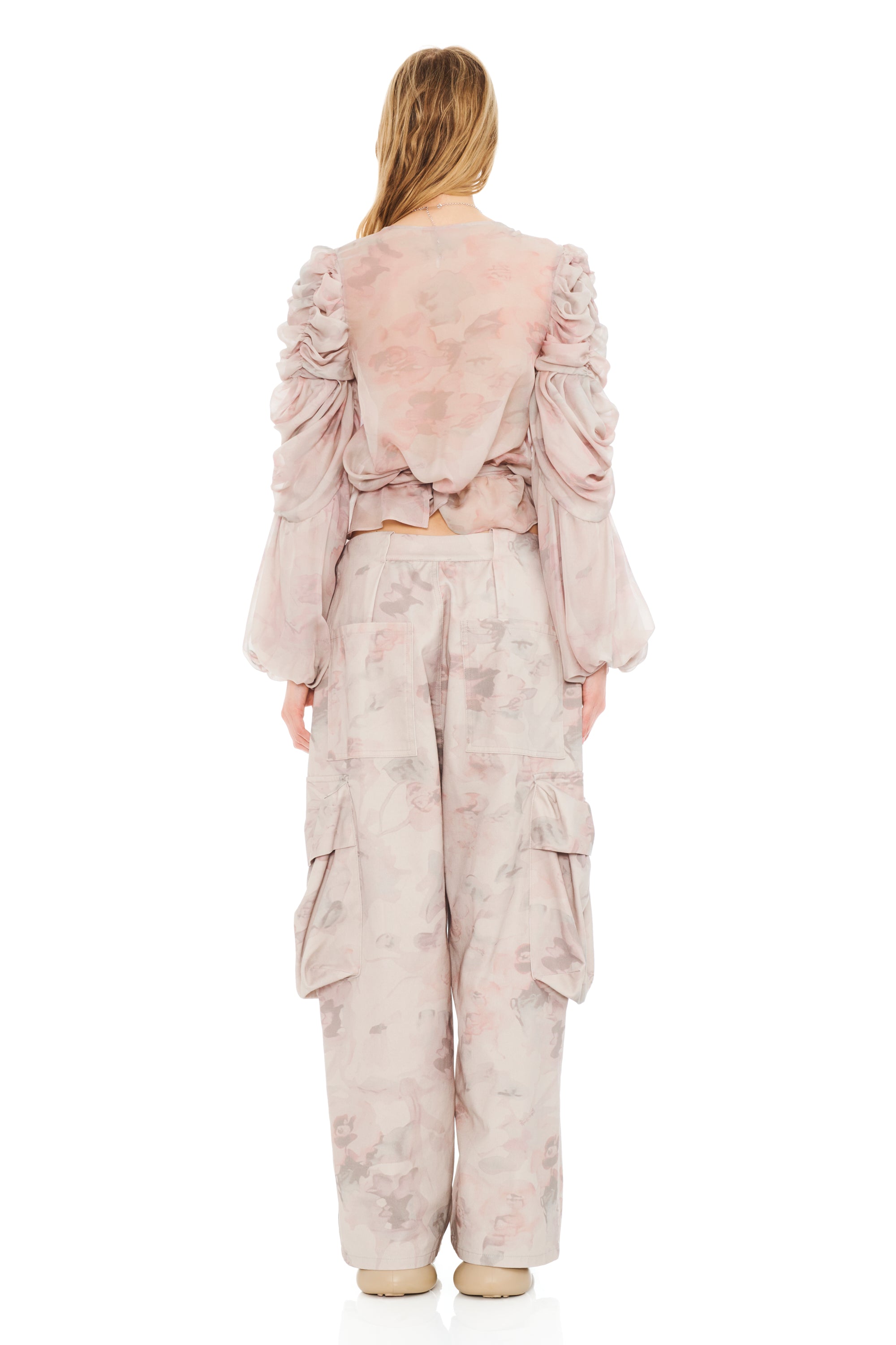 WASHED BEIGE WATERCOLOR ROSES PLEATED CARGO PANT