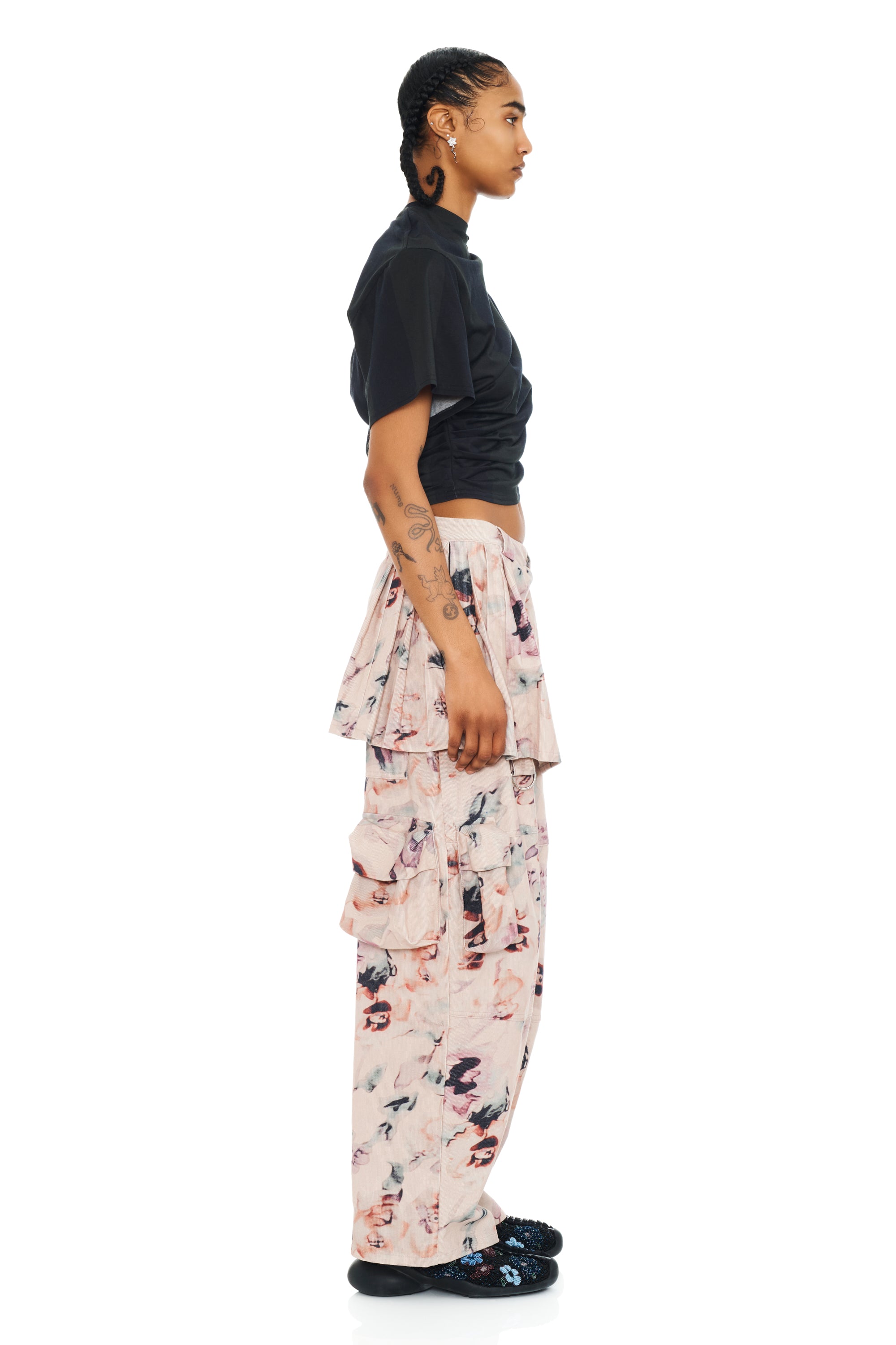 BEIGE WATERCOLOR ROSES LAWN SKIRT CARGO PANT