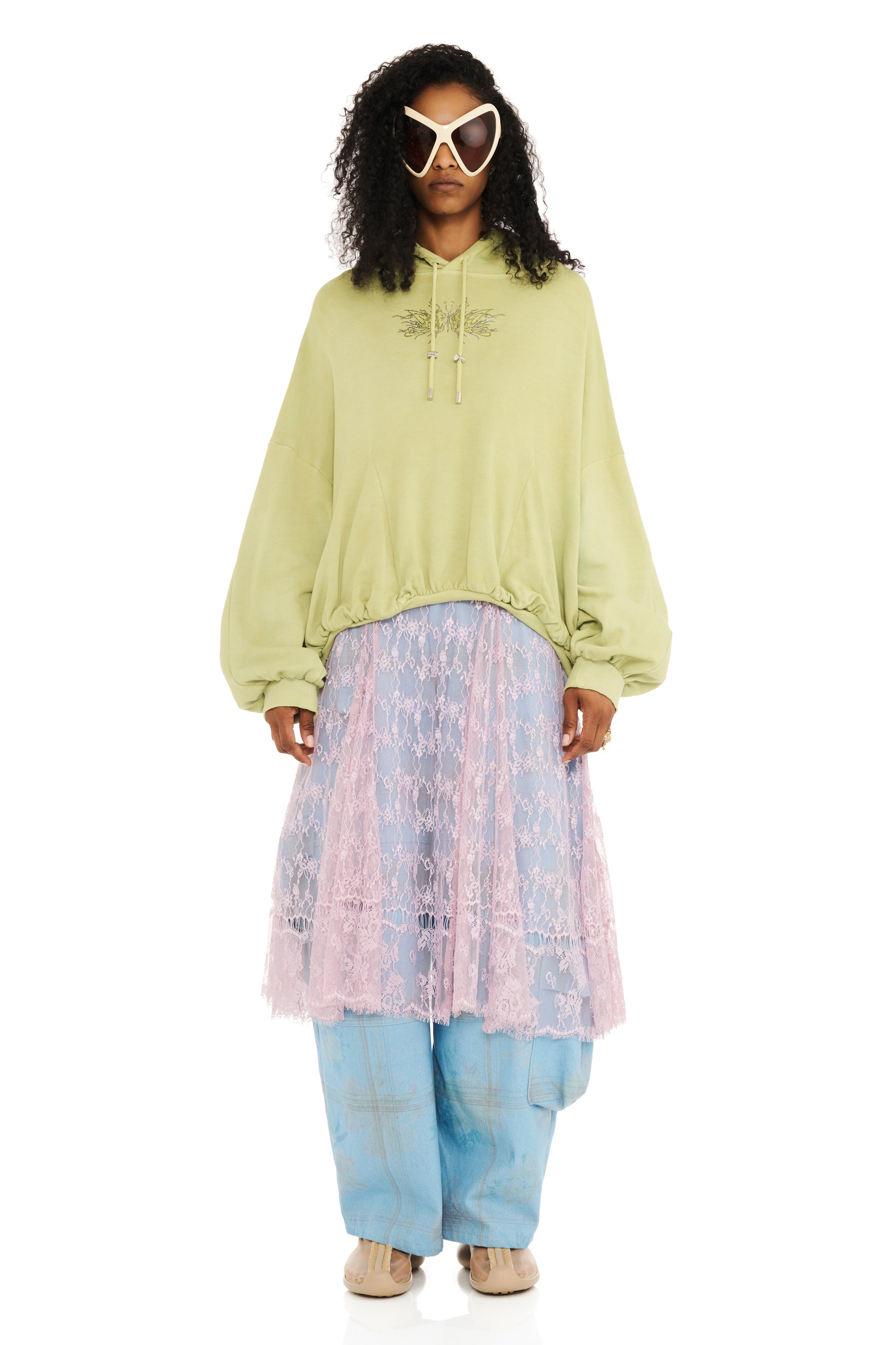 OLIVE RHINESTONE GATHERED HOODIE