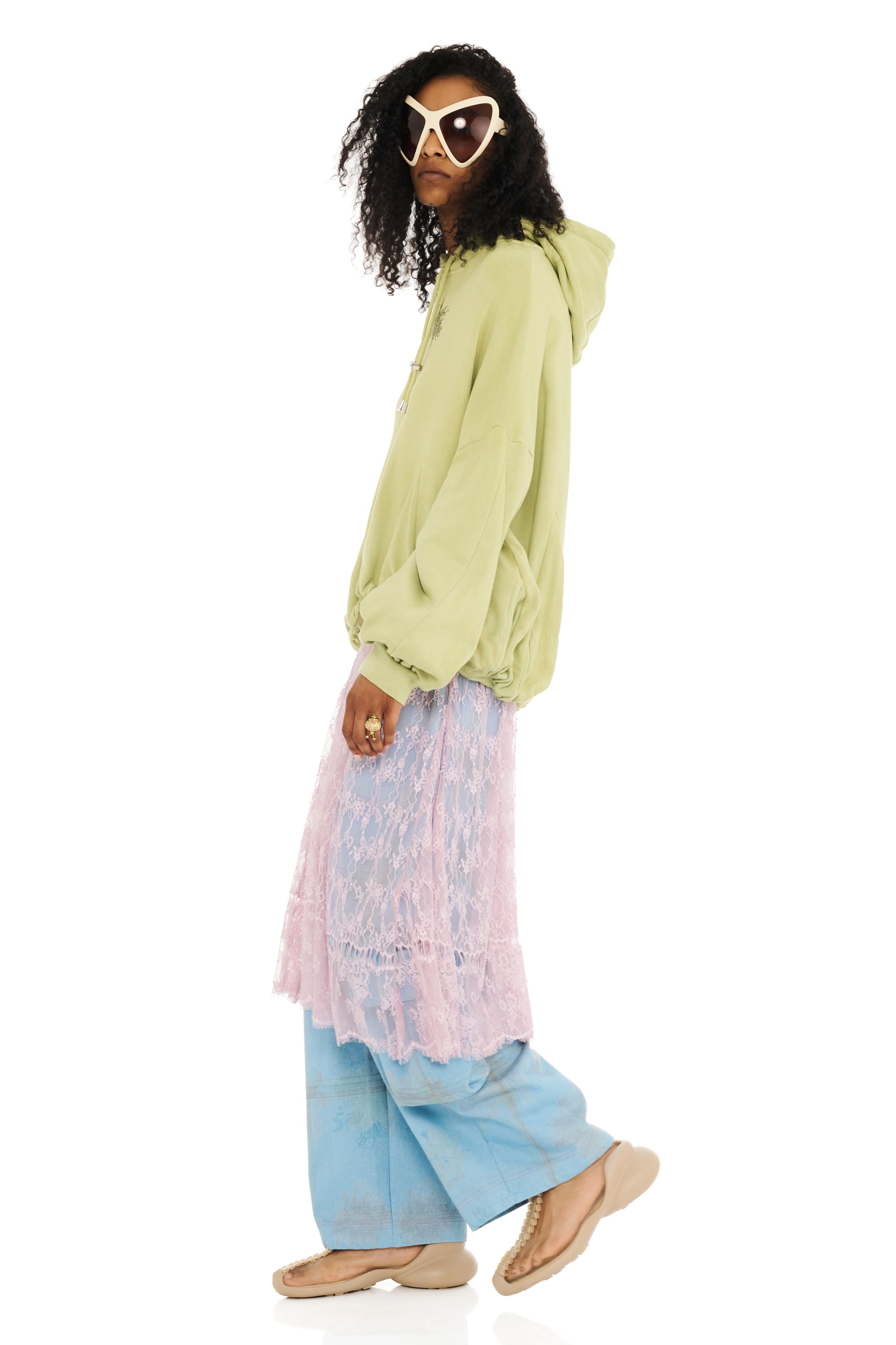 OLIVE RHINESTONE GATHERED HOODIE