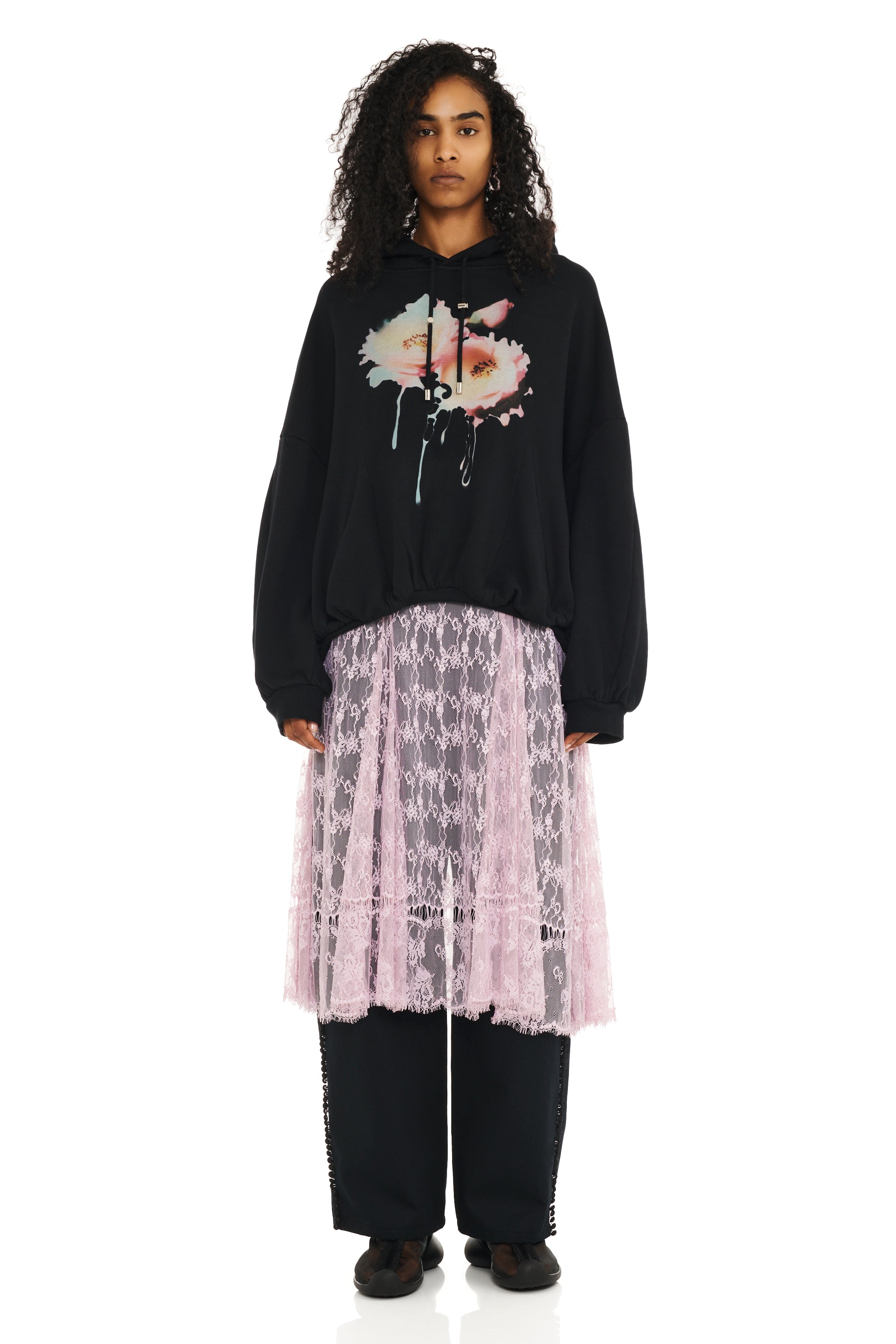 BLACK FLOWER DREAM GATHERED HOODIE