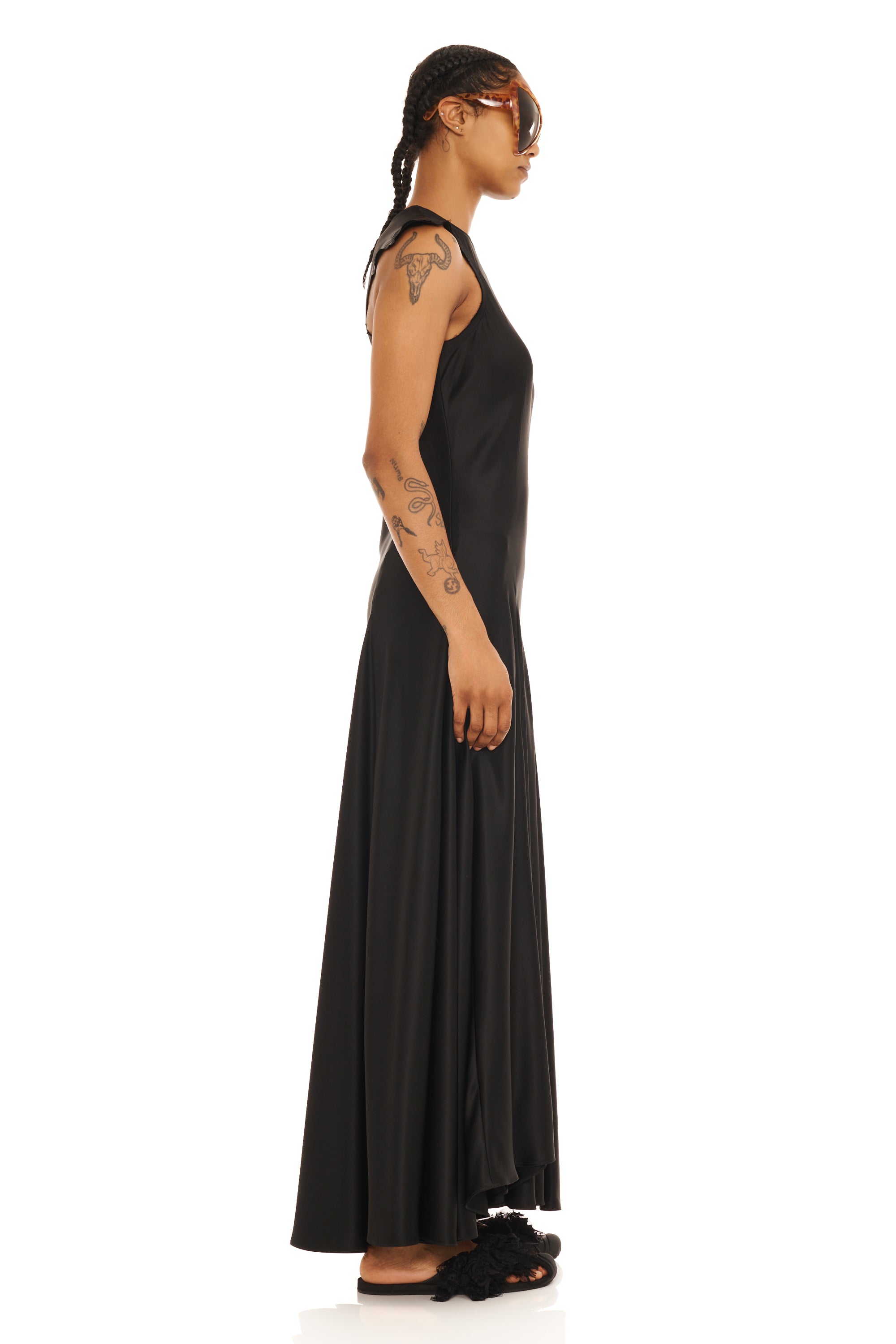 BLACK SATIN PRIMROSE DRESS