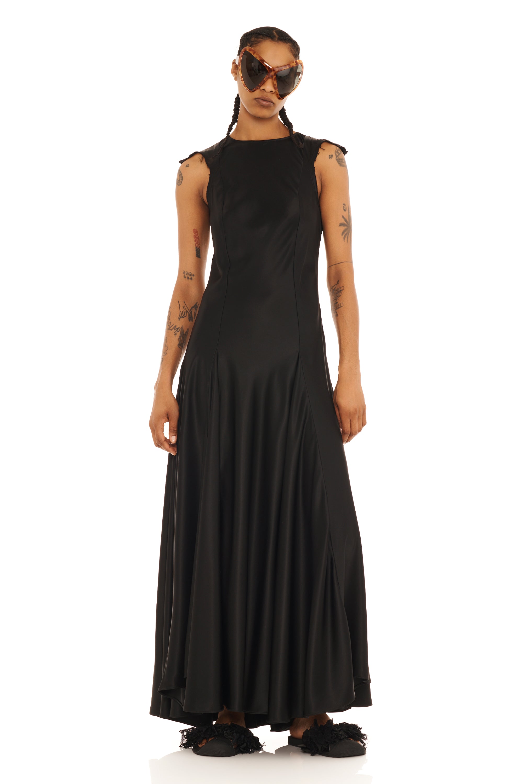BLACK SATIN PRIMROSE DRESS