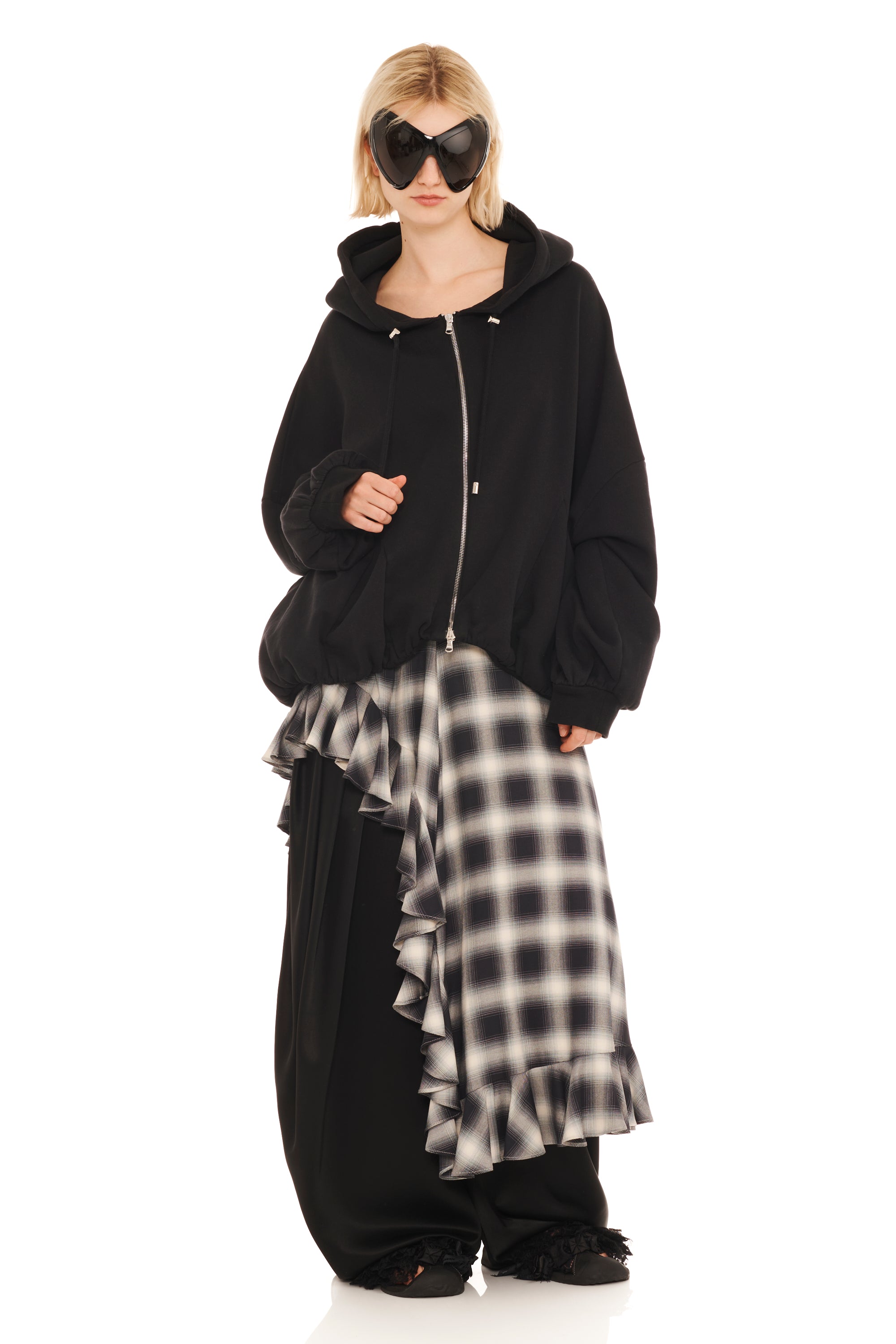 RHINESTONE BLACK GATHERED ZIP UP HOODIE