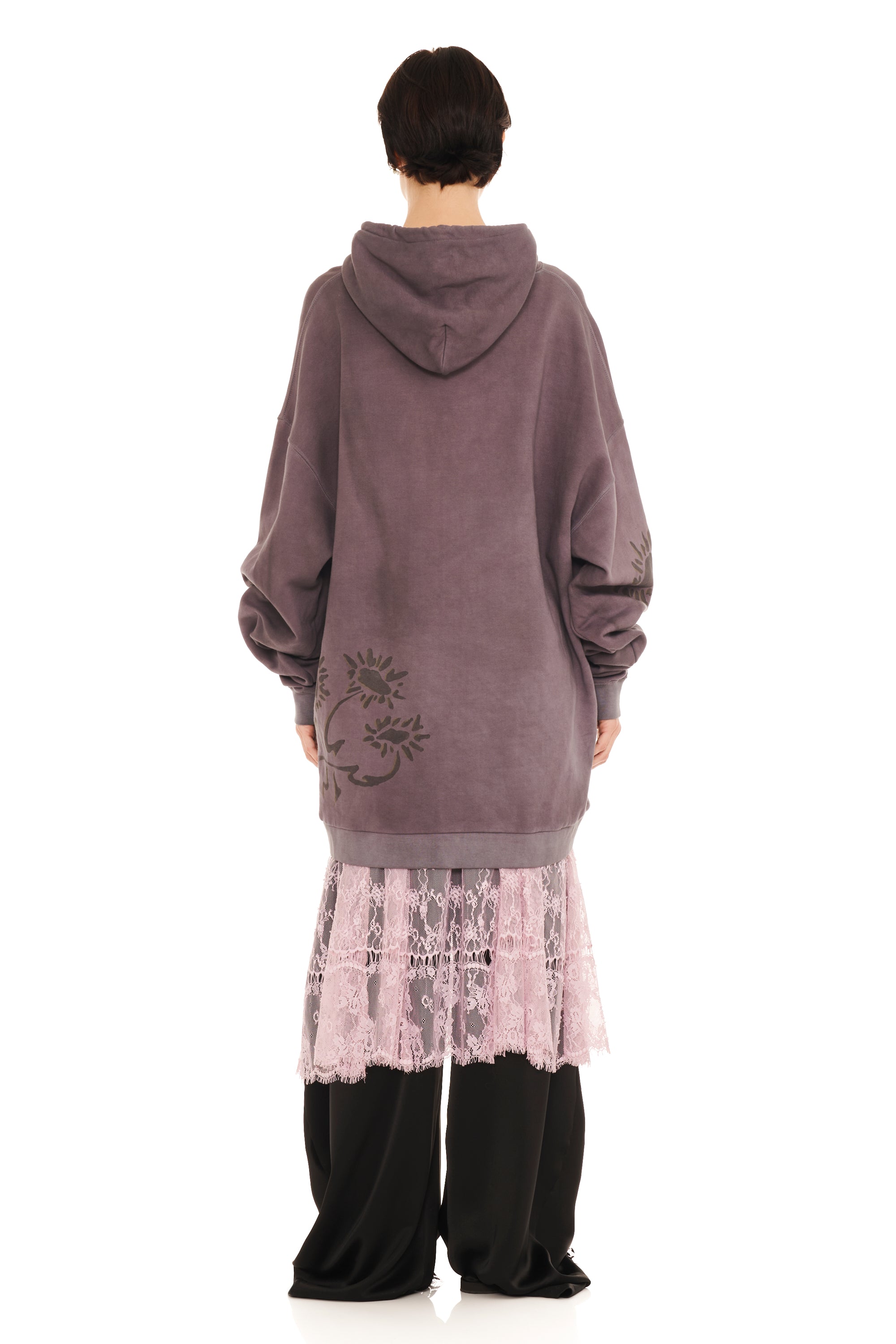 CHARCOAL DAISIES ROUND HEM HOODIE