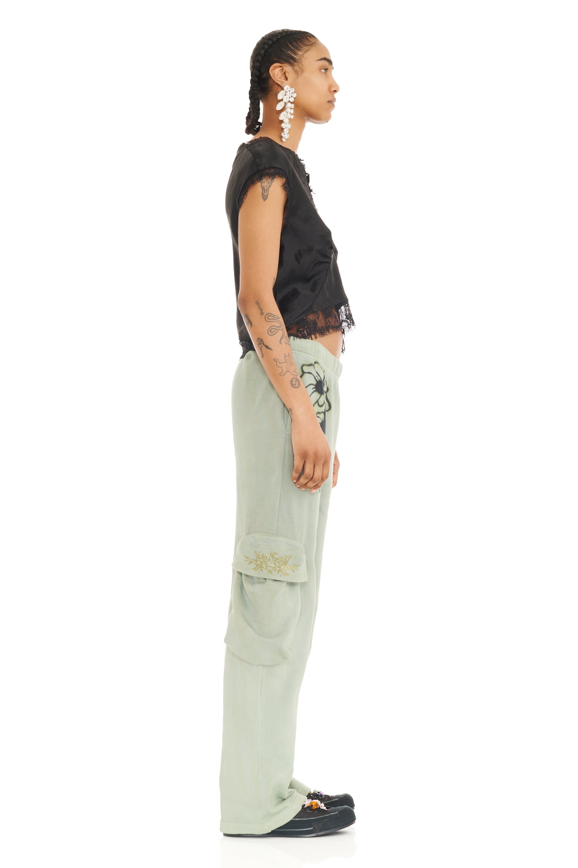 OLIVE TWIN FLOWERS CARGO SWEATPANT
