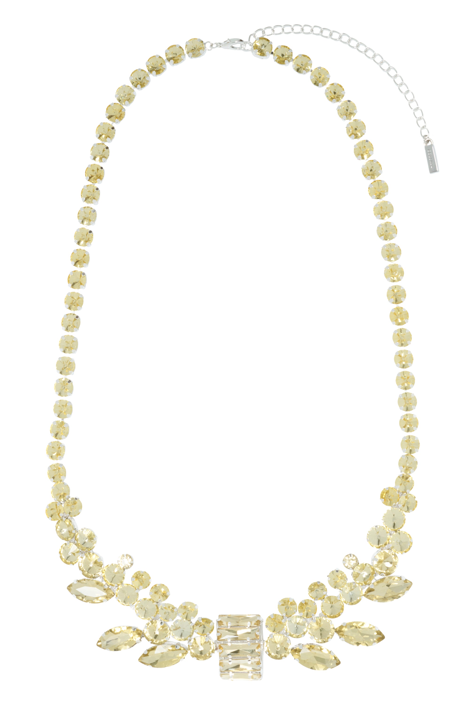 Yellow rhinestone bejeweled belt with graduating glass stones on a white background.