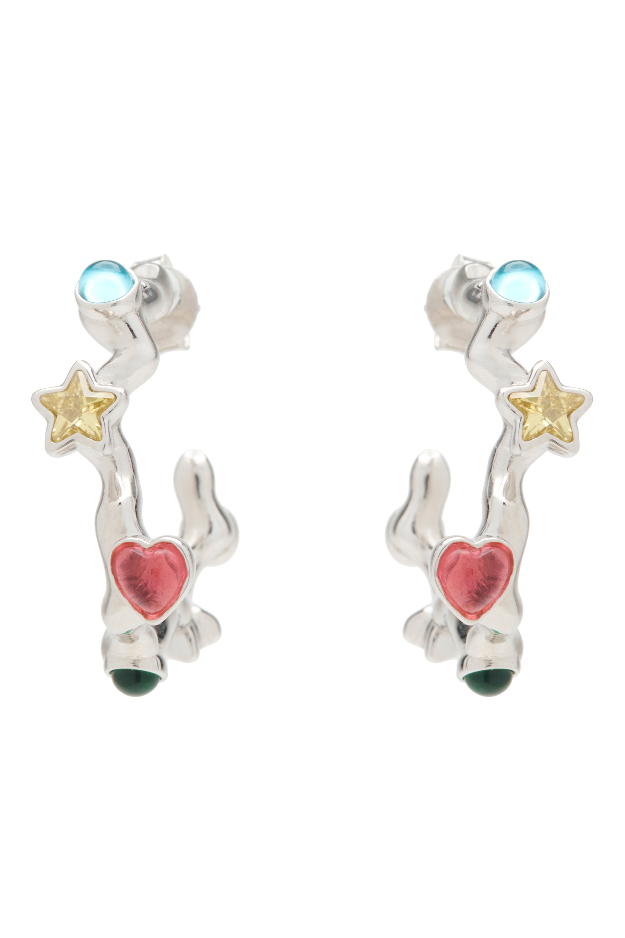 Pair of silver earrings with heart and star rhinestone designs on a white background