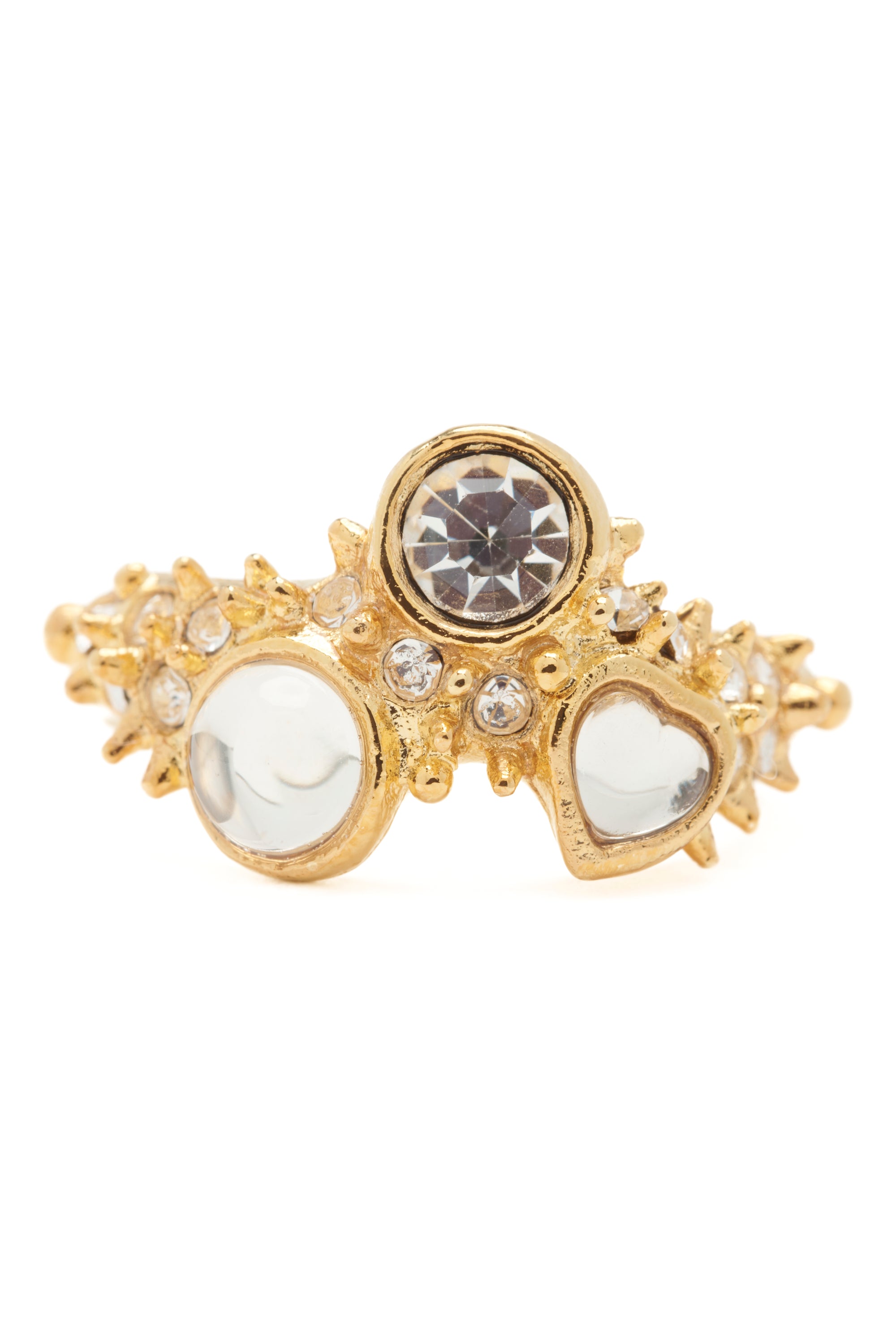 Decorative gold ring with mini gold spikes and clear gemstones on a white background