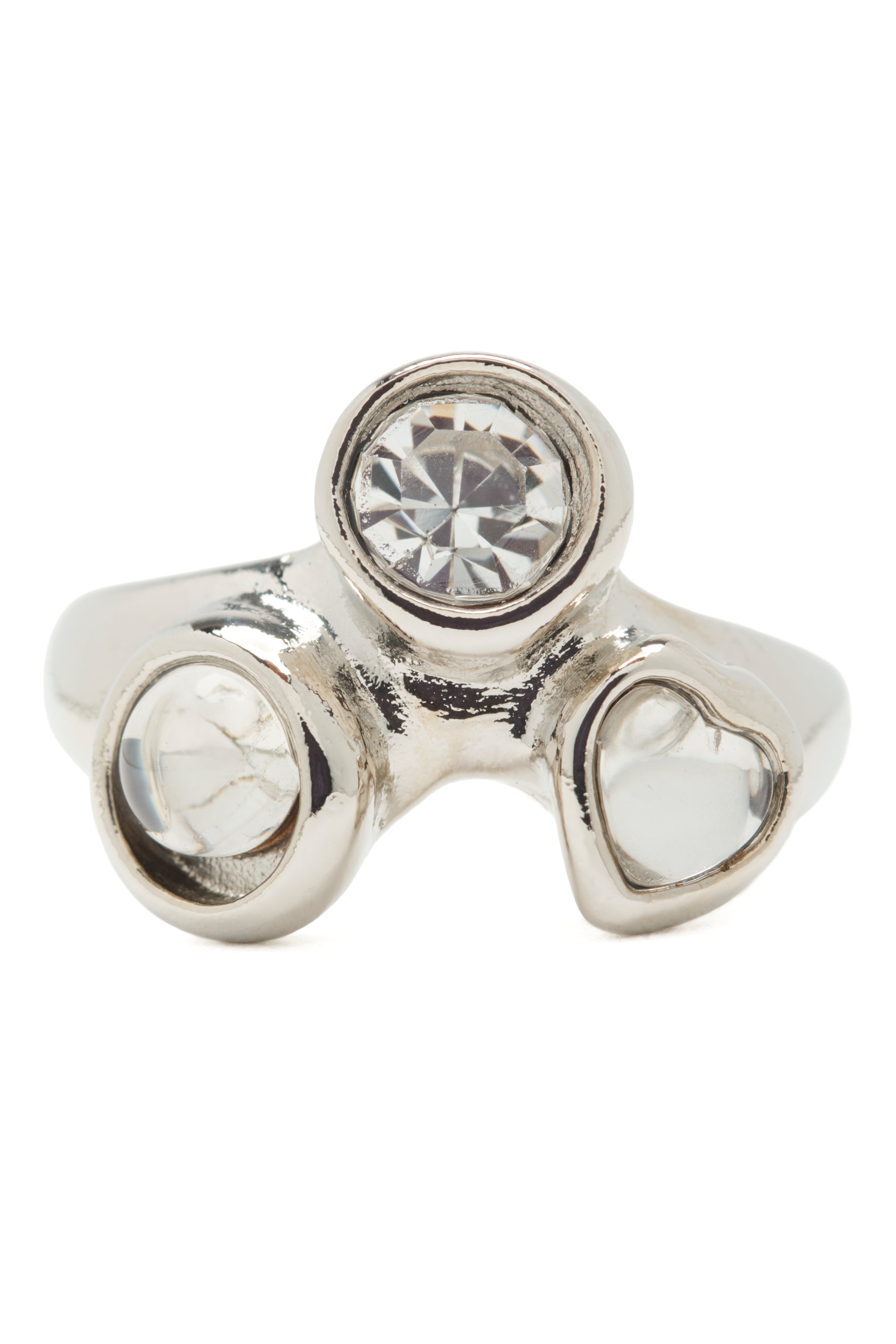 Silver toe ring with three embedded chunky clear glass stones on a white background