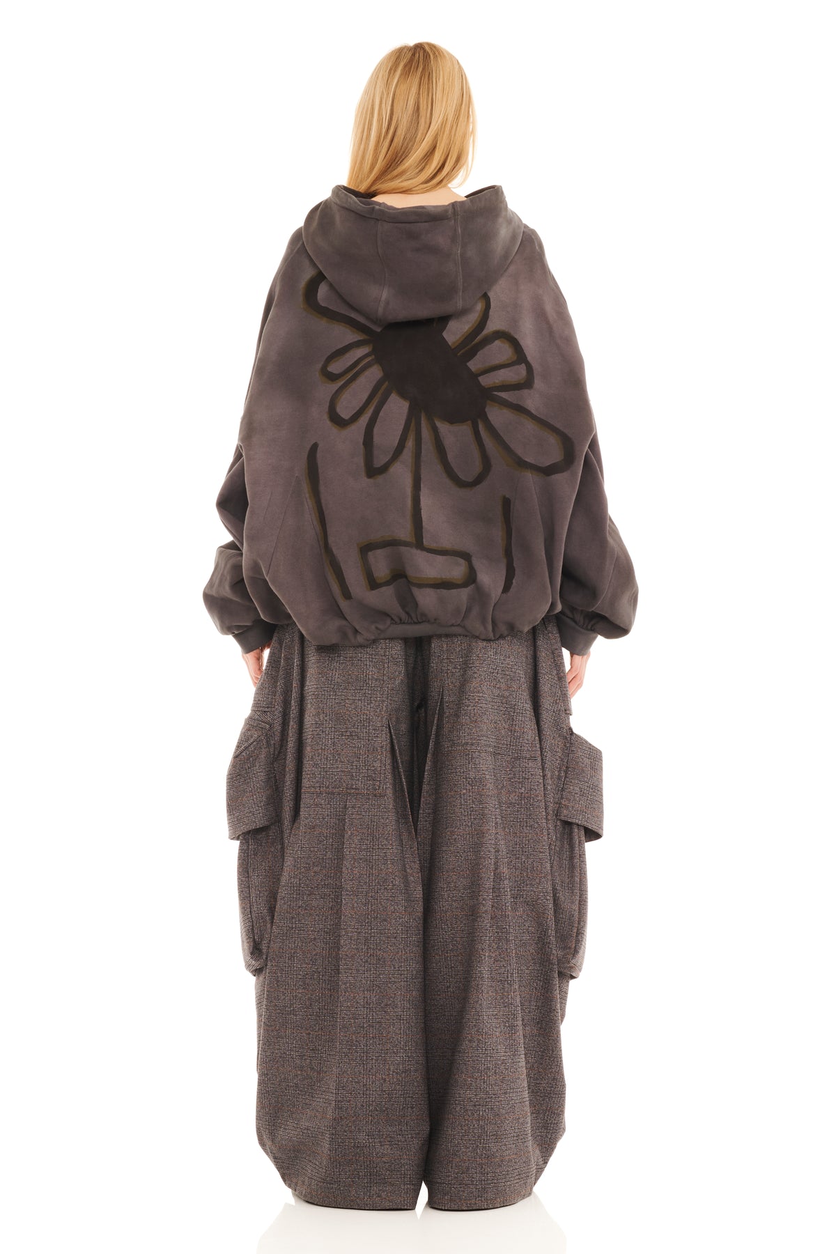 DARK CHARCOAL FLOWER POT GATHERED HOODIE