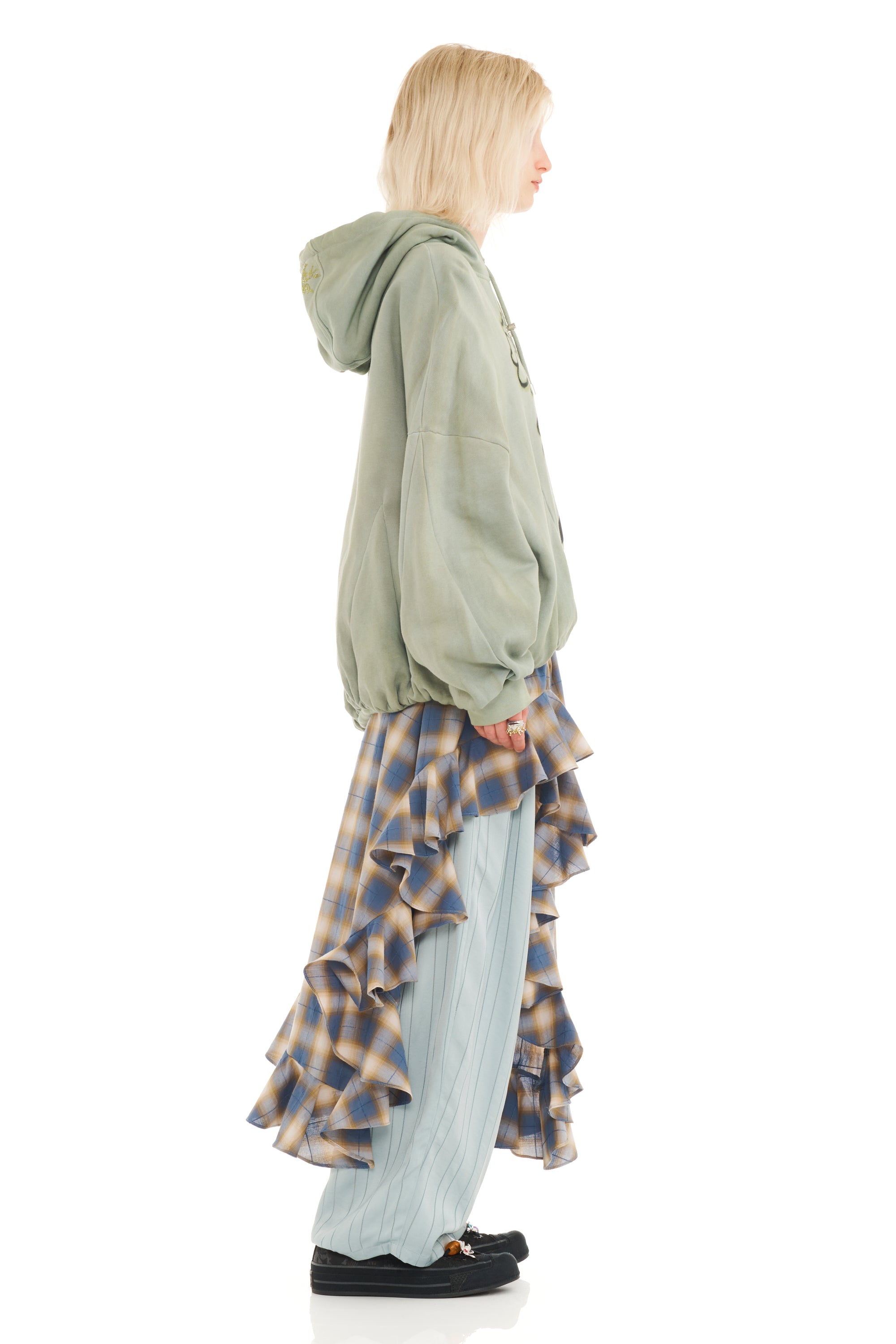 OLIVE TWIN FLOWERS GATHERED HOODIE
