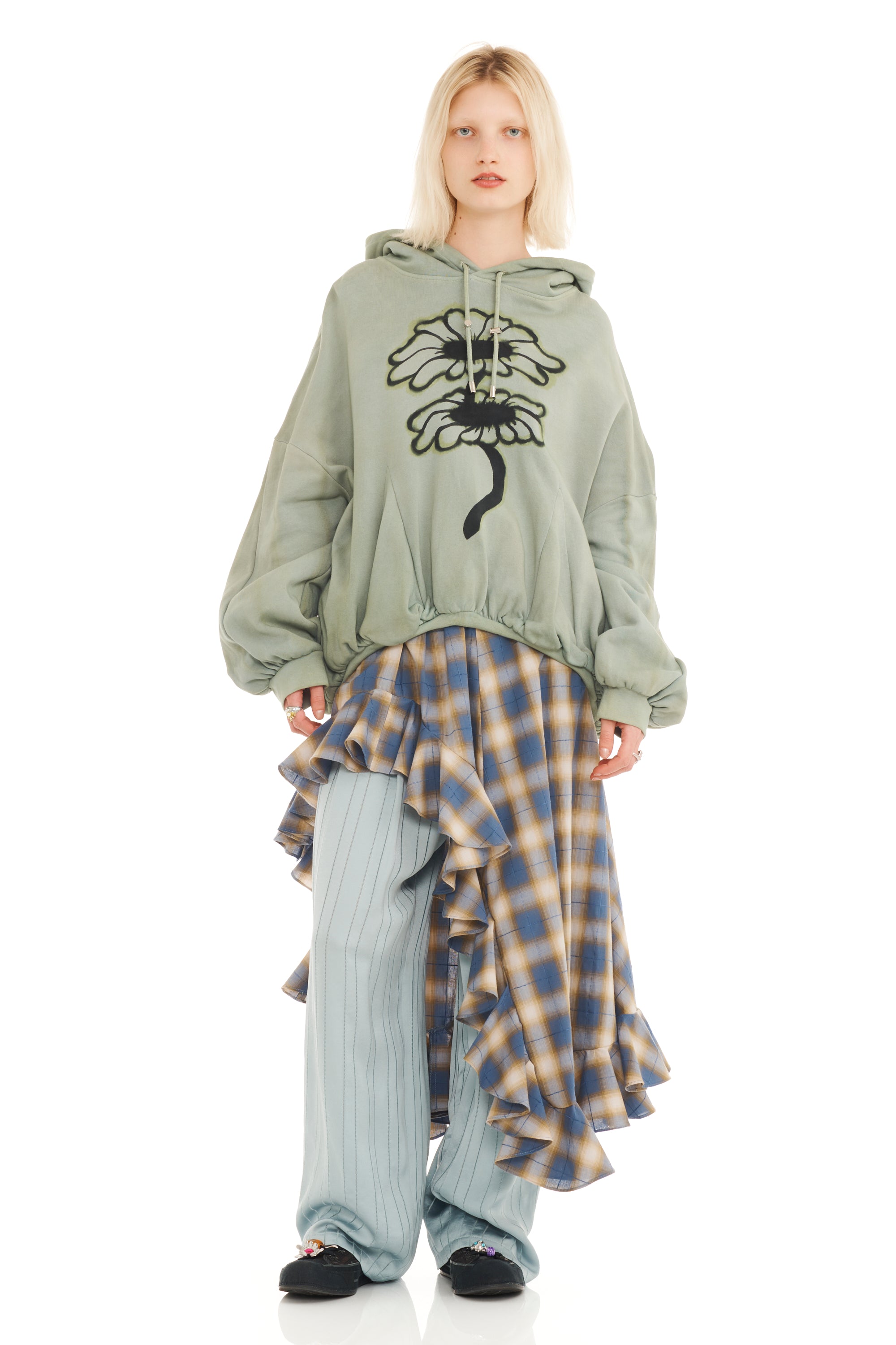 OLIVE TWIN FLOWERS GATHERED HOODIE