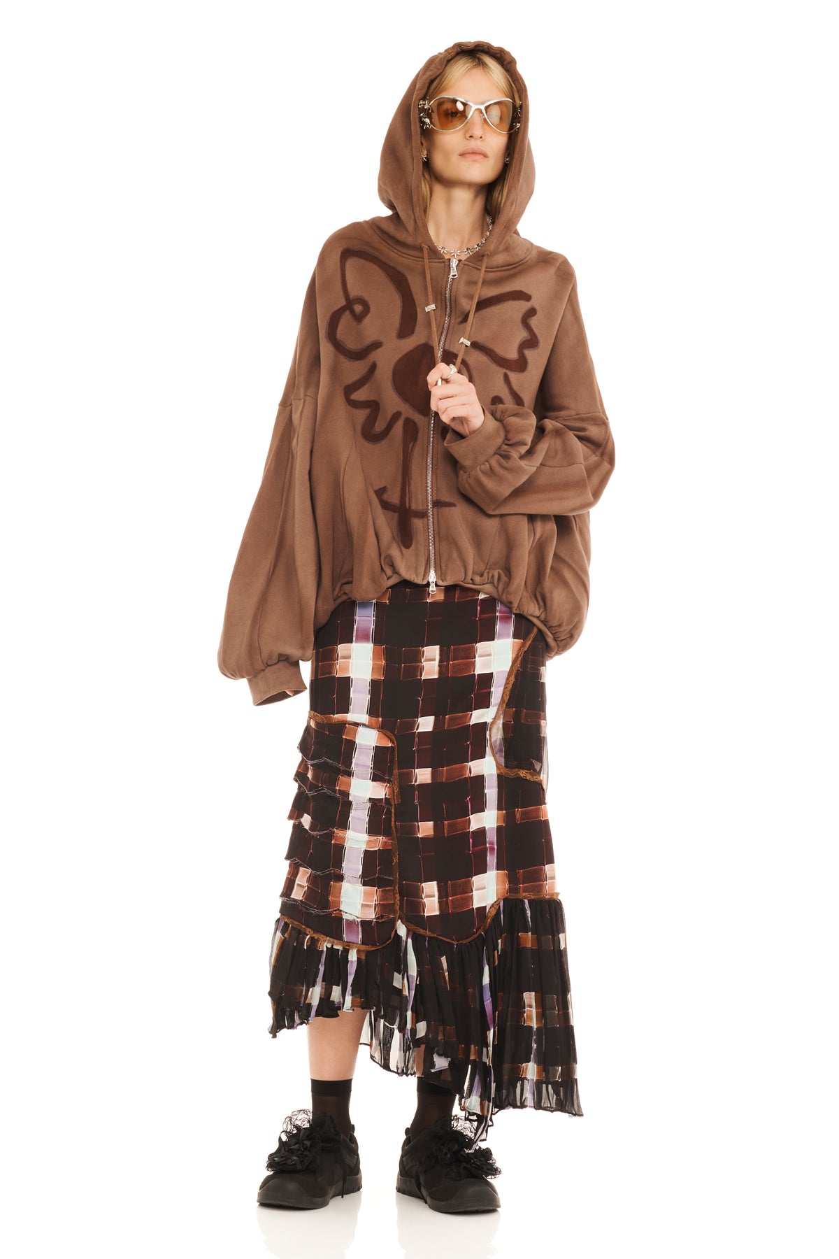 EARTH FLOWER GATHERED ZIP UP HOODIE