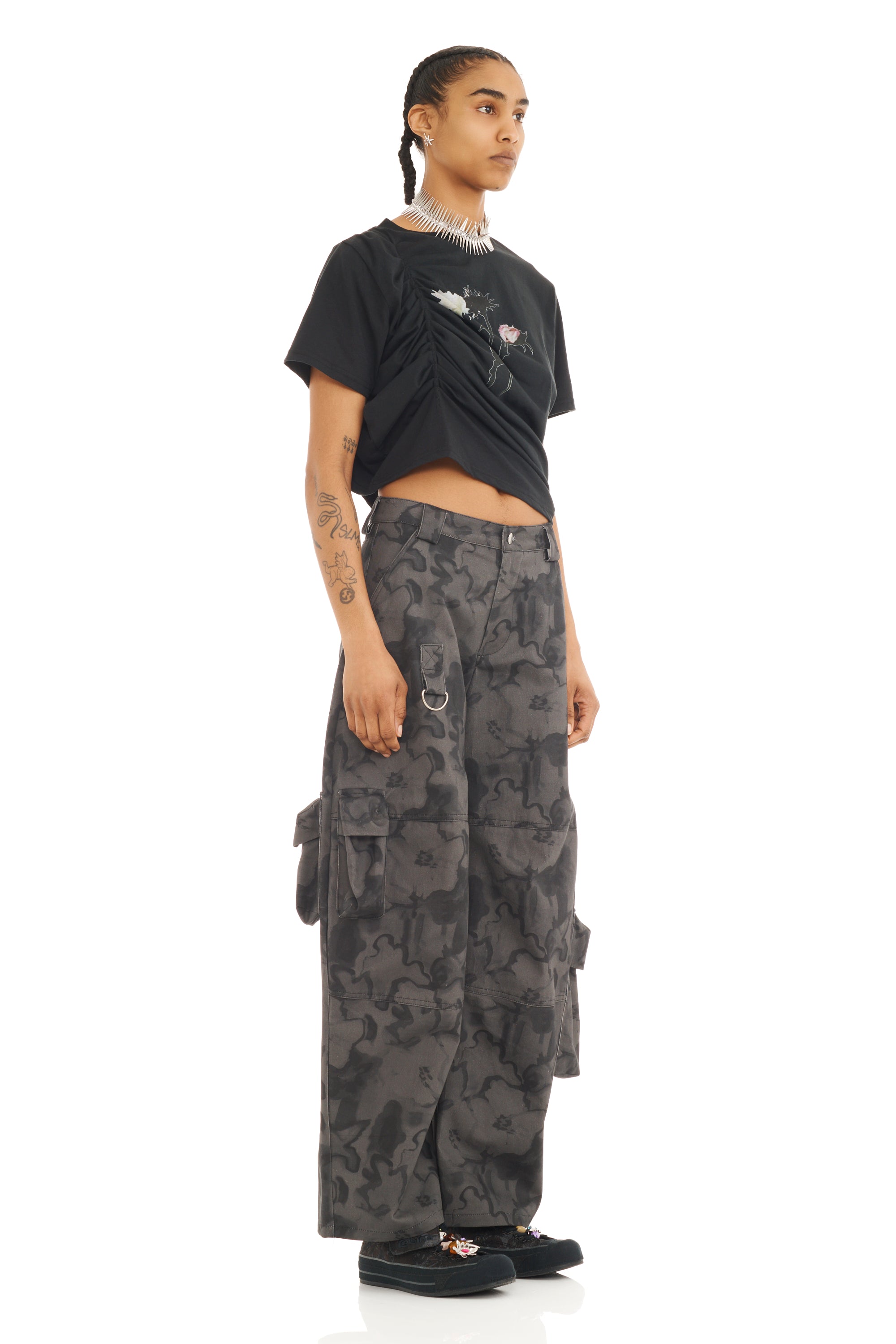 BLACK WATERCOLOR FLORAL LAWN CARGO PANT
