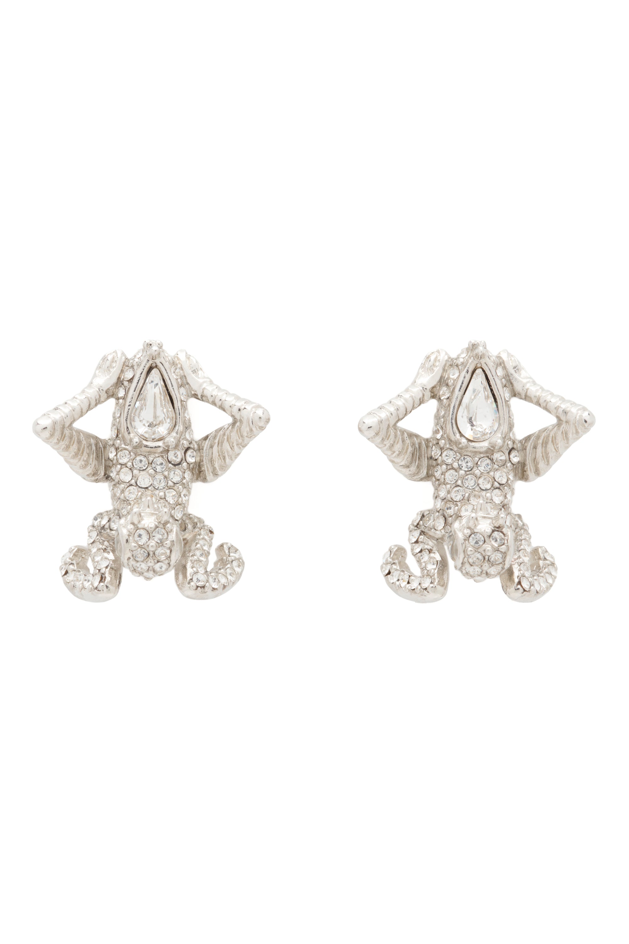 Pair of silver mantis-shaped earrings with clear rhinestones on a white background