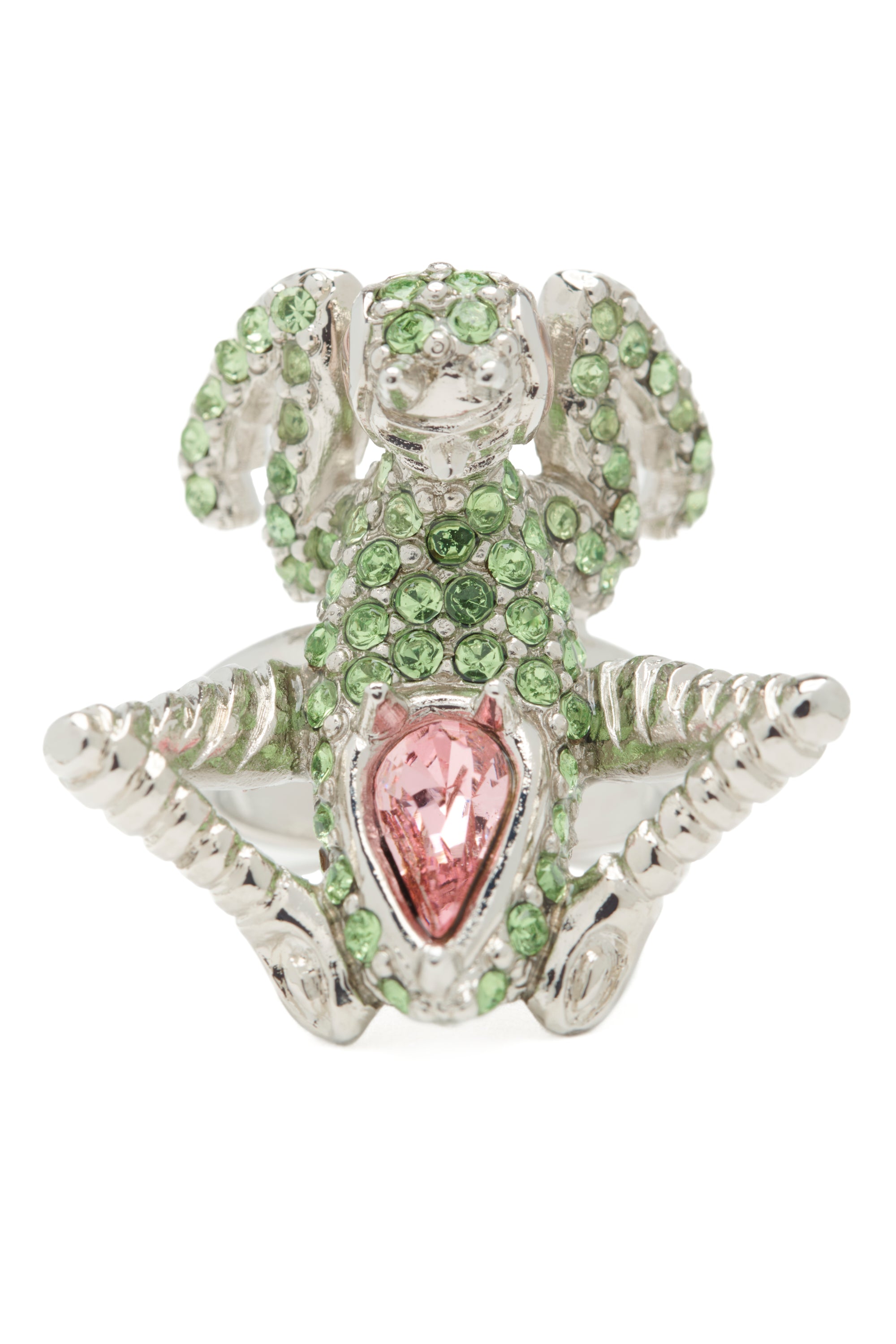 Silver ring shaped like a praying mantis encrusted with green and pink rhinestones, set against a white background