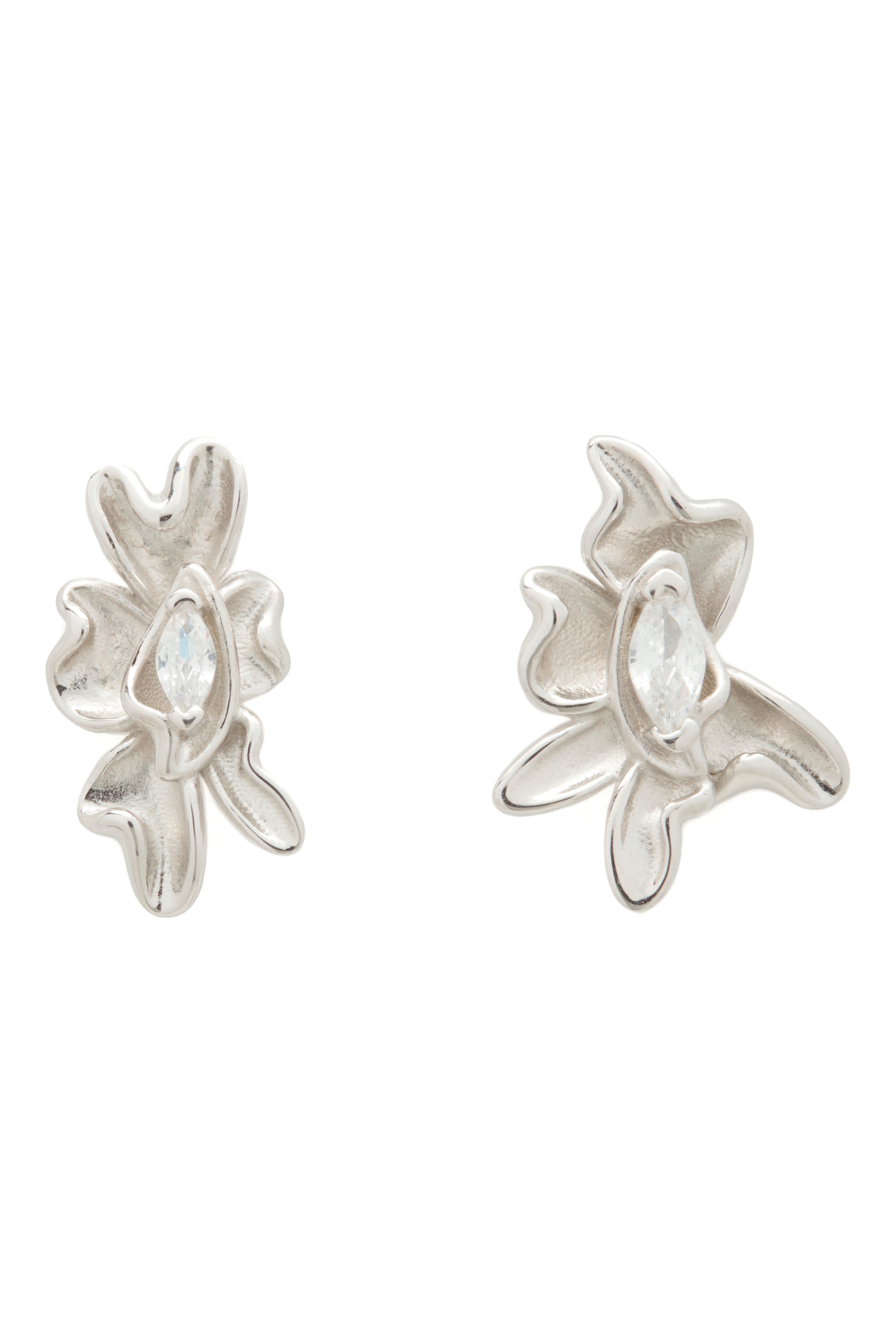 Pair of silver floral earrings on a white background