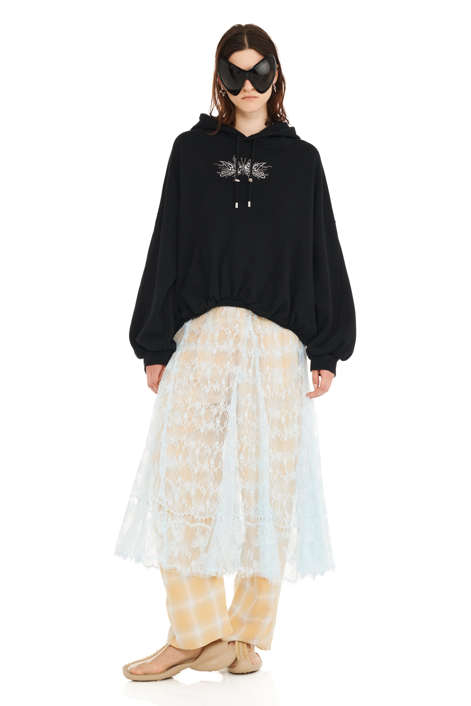 BLACK RHINESTONE GATHERED HOODIE