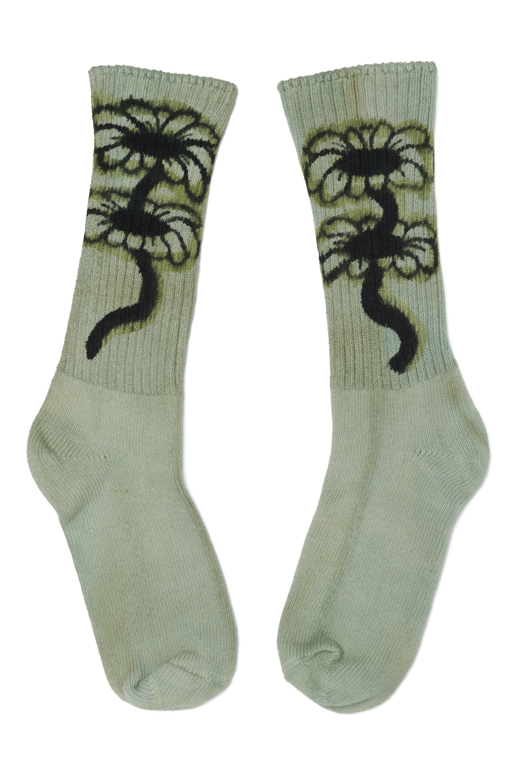 Light olive green painted socks with dark green painted flowers on a white background