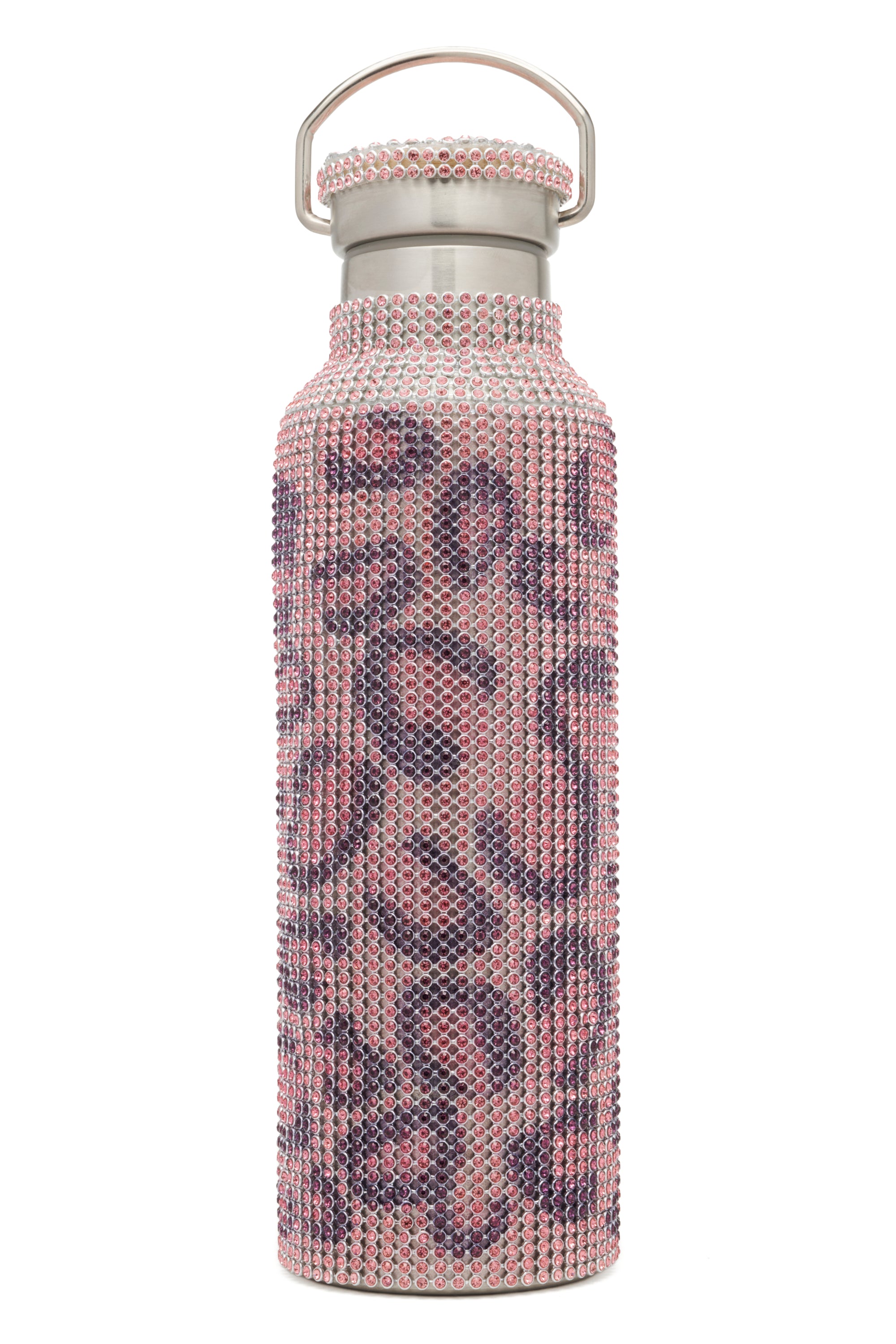 Pink rhinestone covered steel water bottle with a leopard print design on a white background