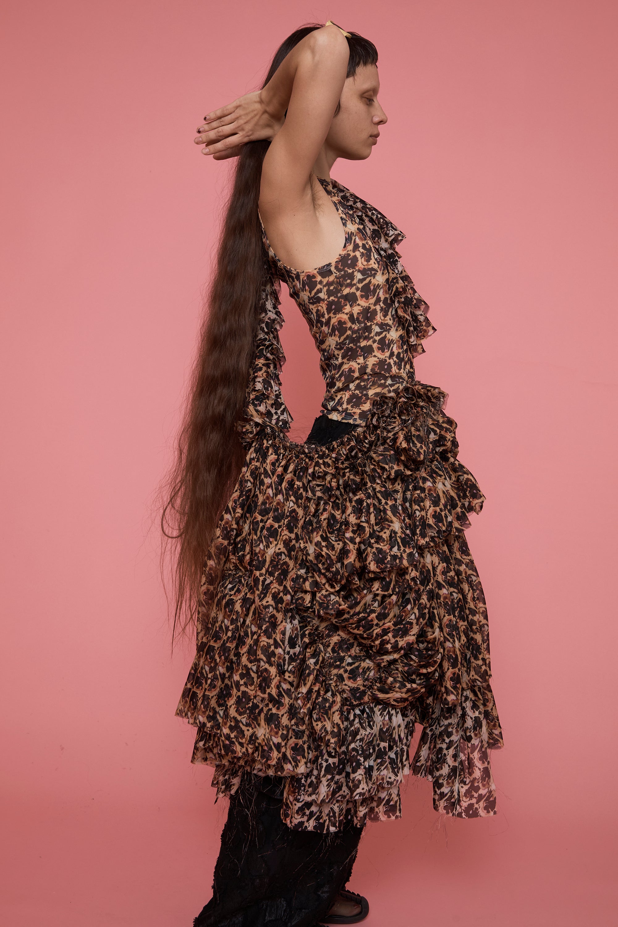 Silk ruffle draped cloud bag to dress up any outfit. Custom Collina Strada leopard peony print with hidden branding.