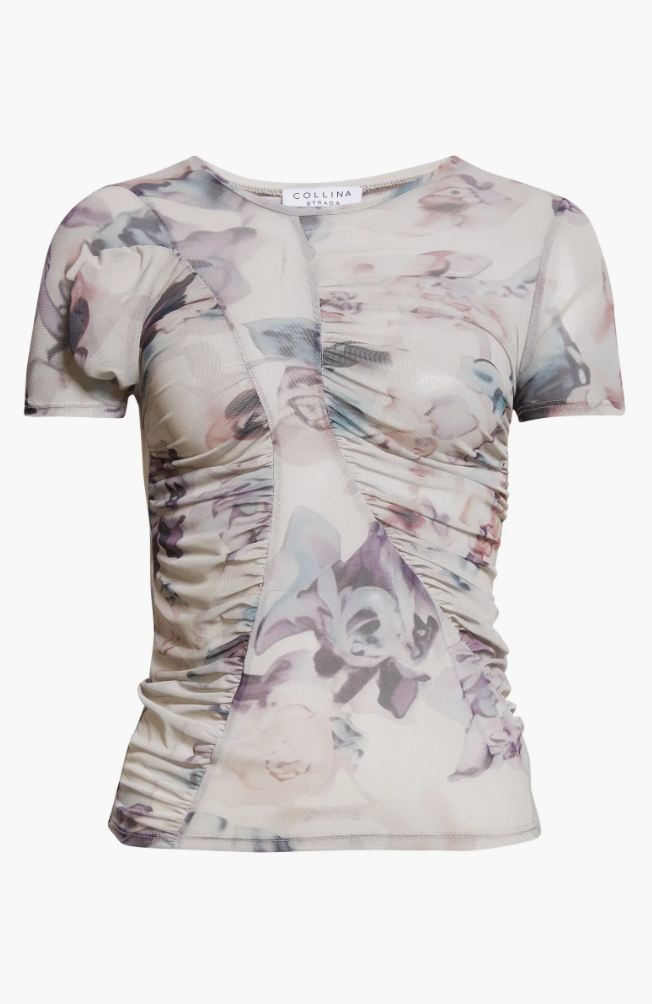 BEIGE WATERCOLOR ROSES SERPENTINE S/S TOP