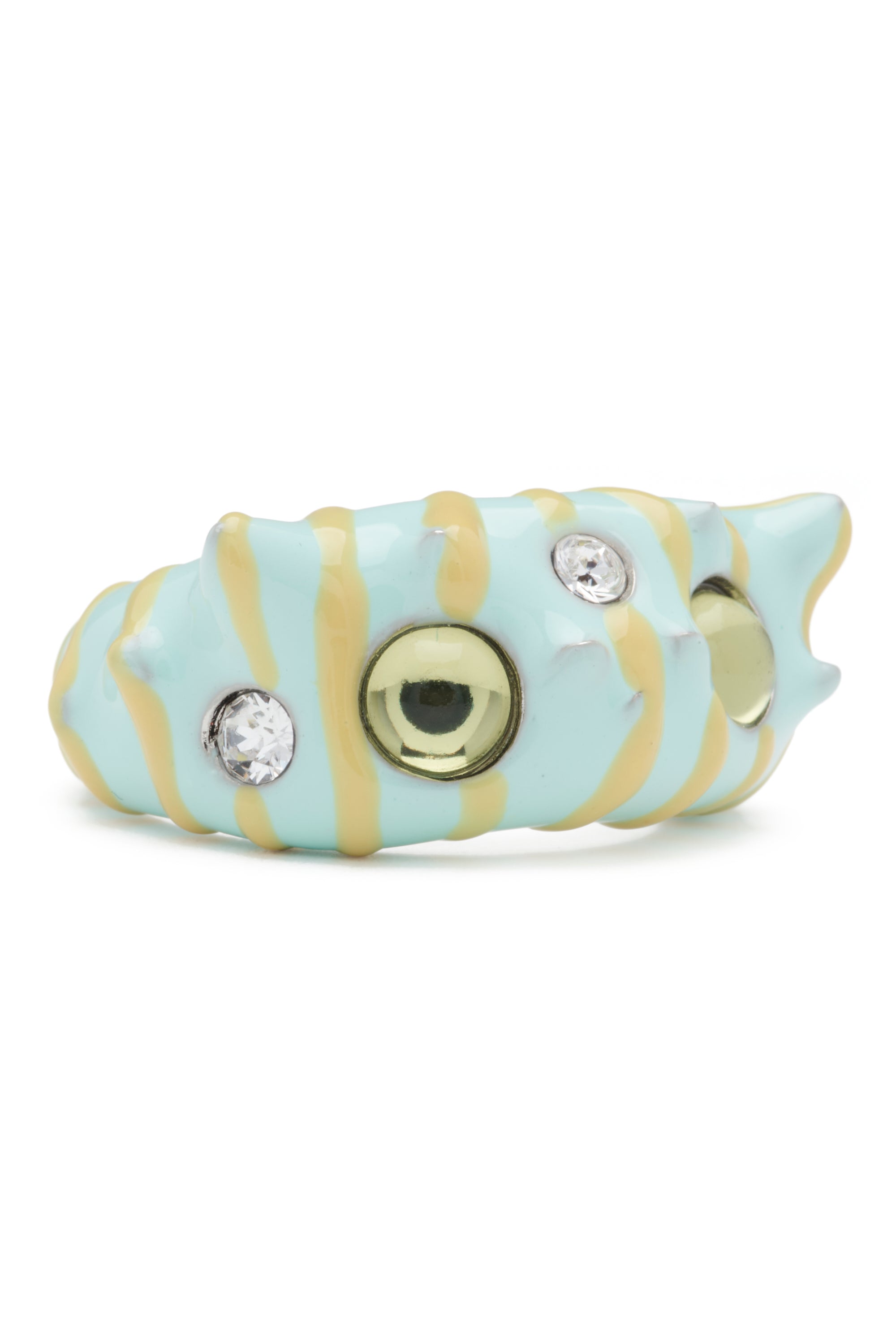 Spiky ring with crystals and cabochons. Hand enameled stripes.