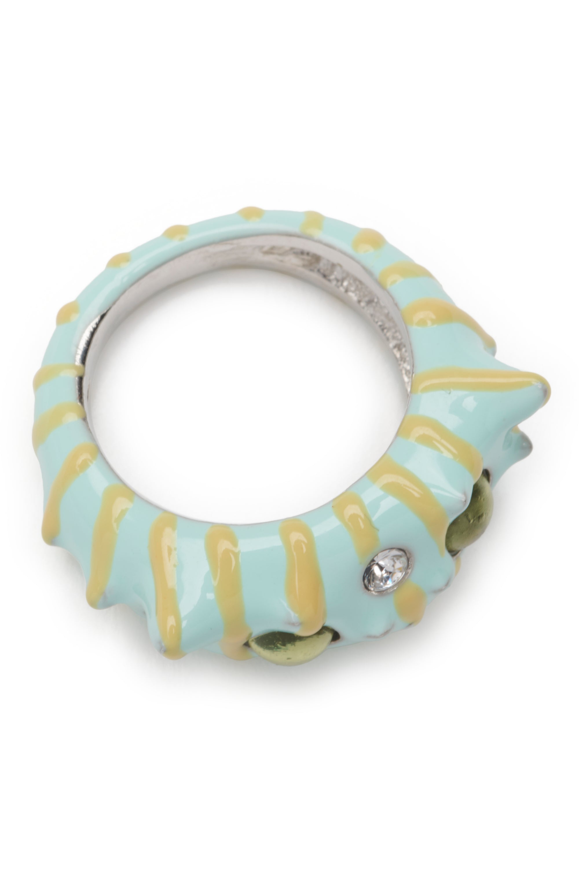 Spiky ring with crystals and cabochons. Hand enameled stripes.