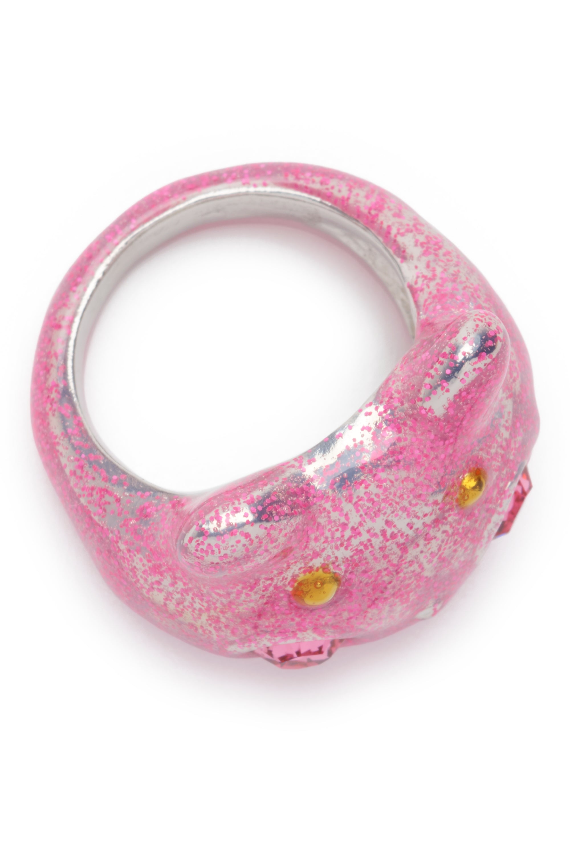 Bug ring in light pink glitter with pink rhinestone eyes.