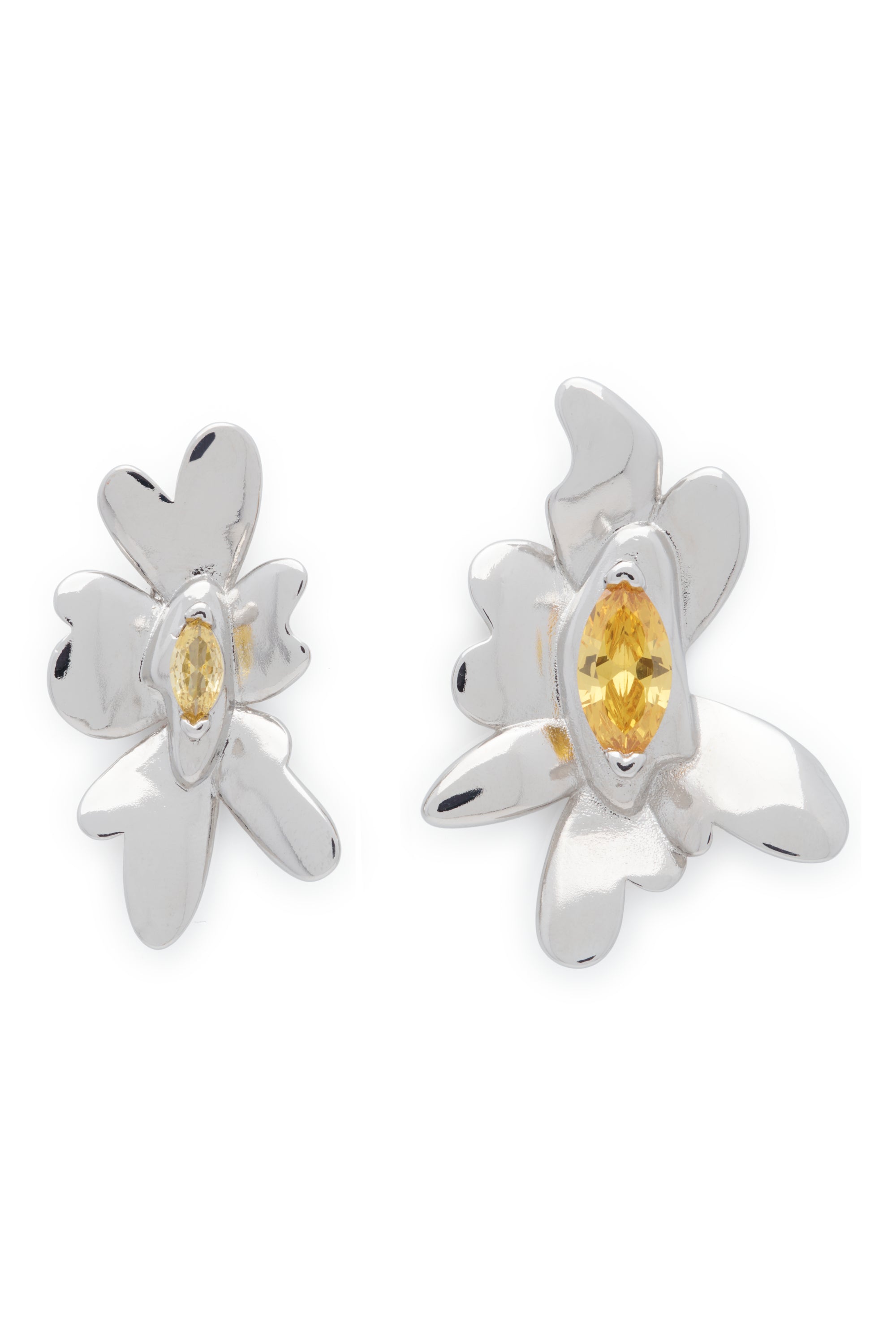 Sterling silver oversized daisy earrings with extra large lemon rhinestone center. Stud back. Mismatched pair.