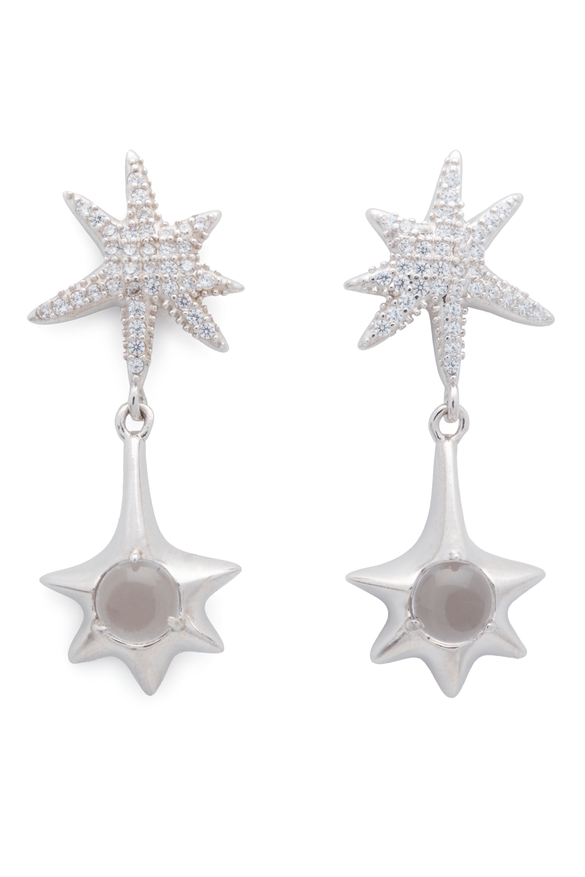Clear star drop earrings with clear rhinestones. Stud back.100% sterling silver and cubic zirconia