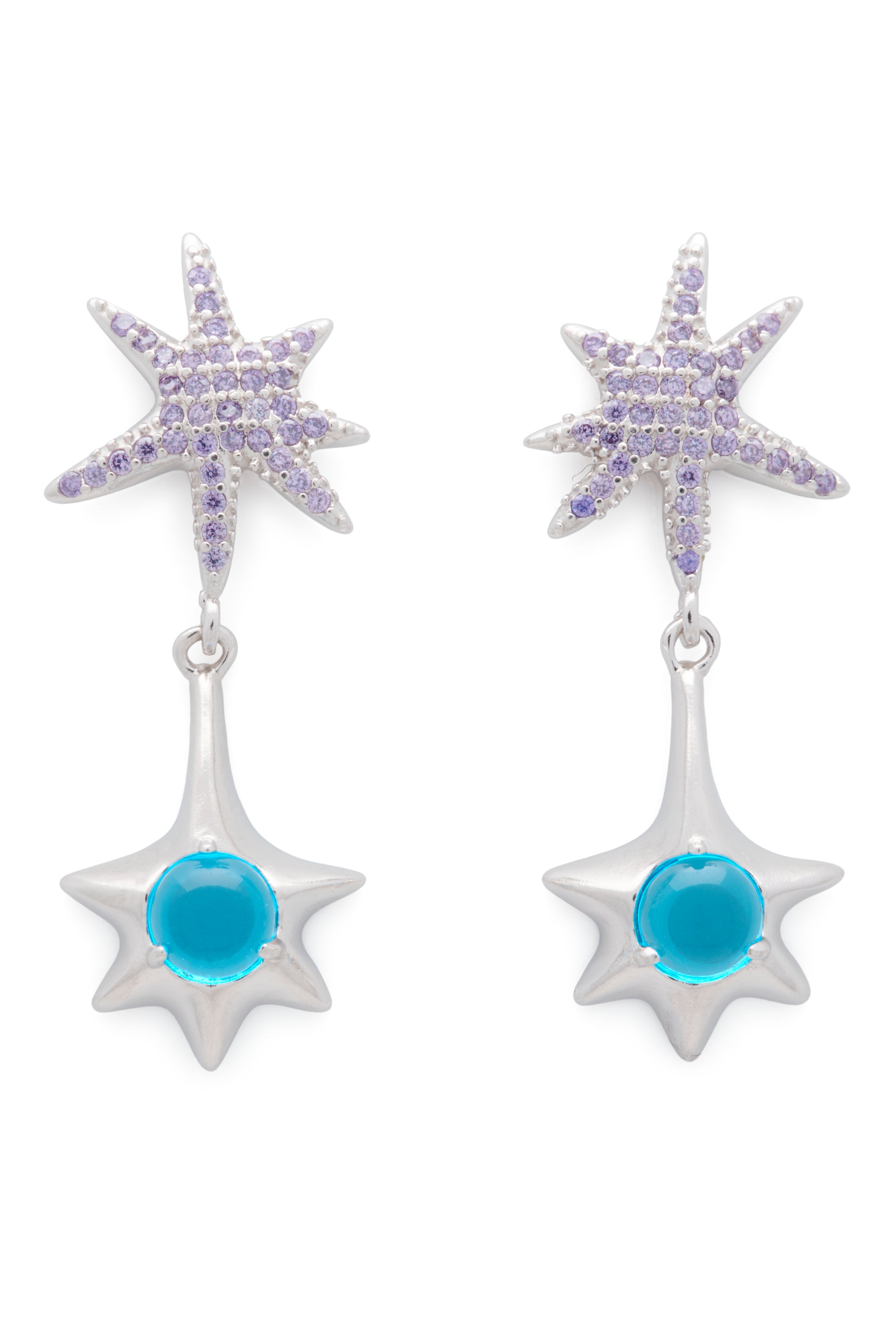 Lavender star drop earrings with blue rhinestone. Stud back.100% sterling silver and cubic zirconia