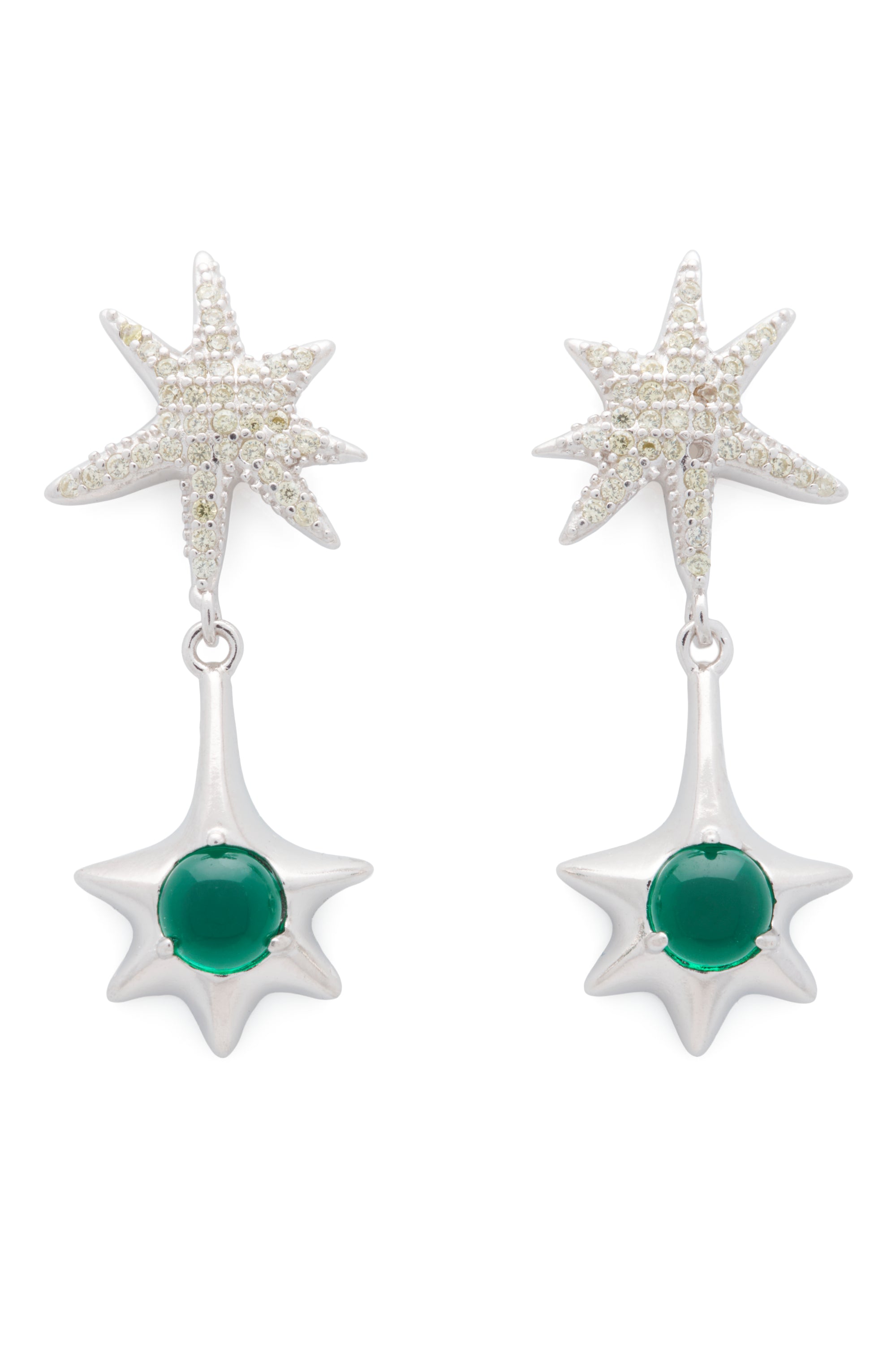 Olivine star drop earrings with emerald rhinestones. Stud back.100% sterling silver and cubic zirconia