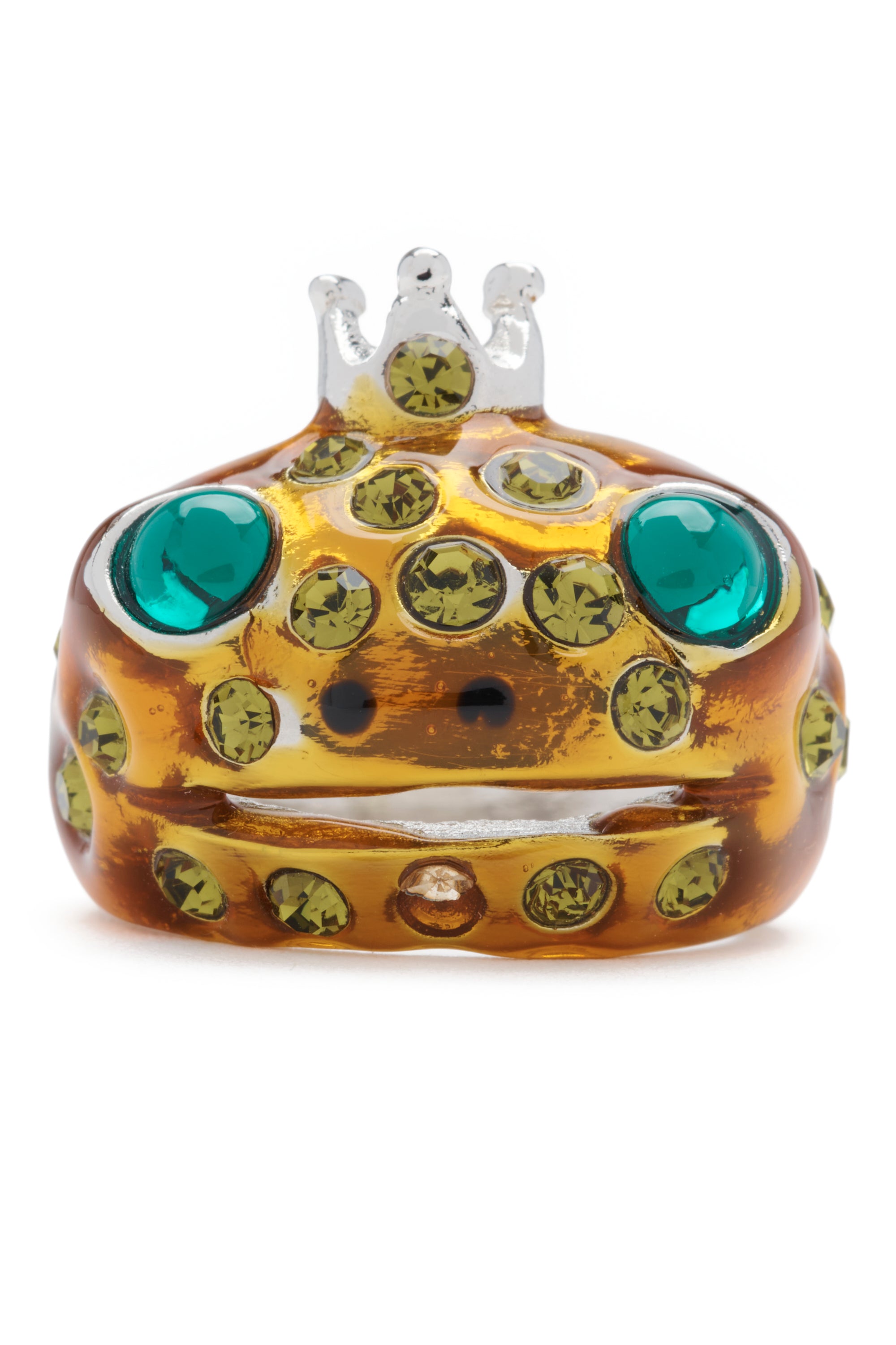 Frog prince ring with deadstock crystal freckles. Hand enameled.