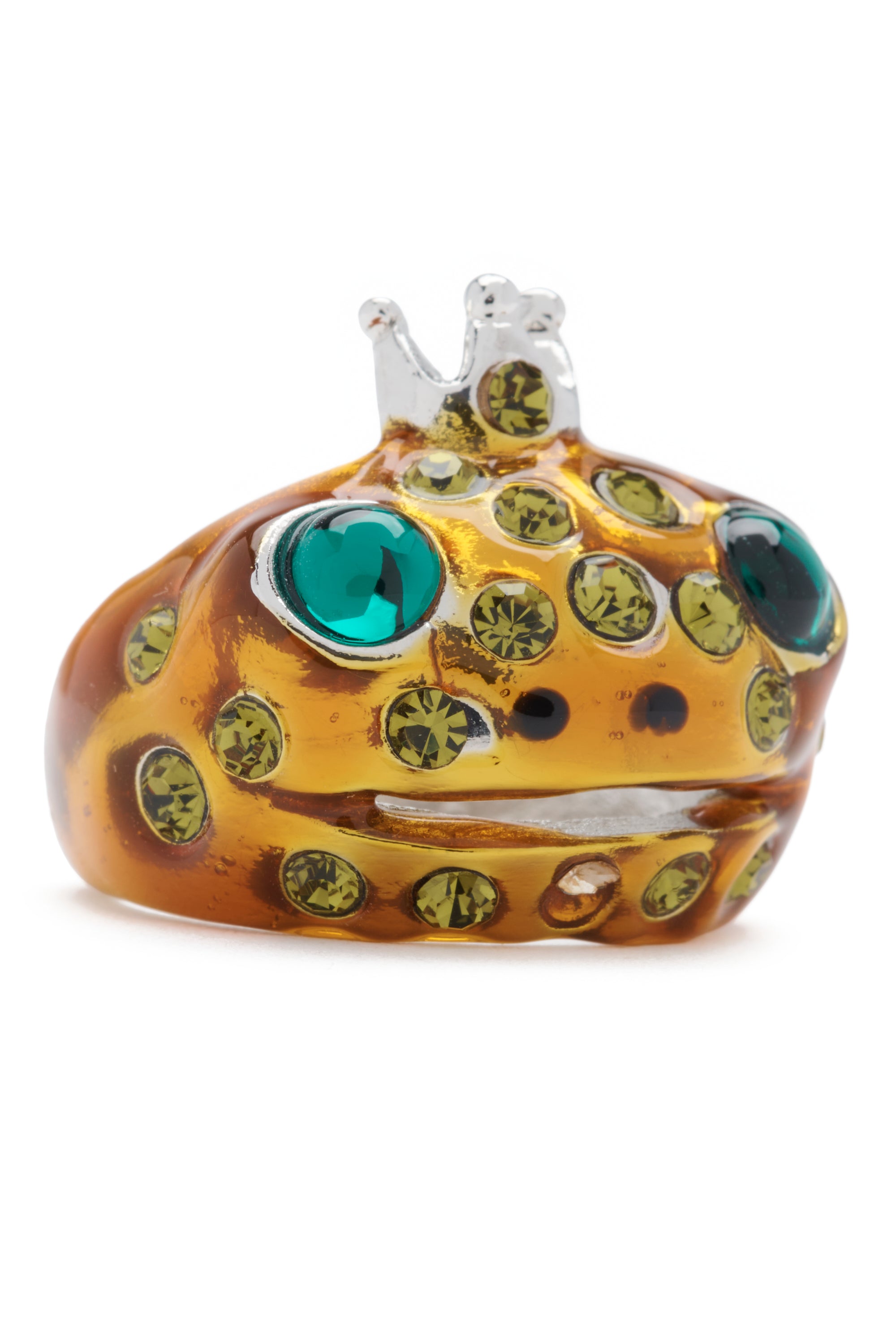 Frog prince ring with deadstock crystal freckles. Hand enameled.