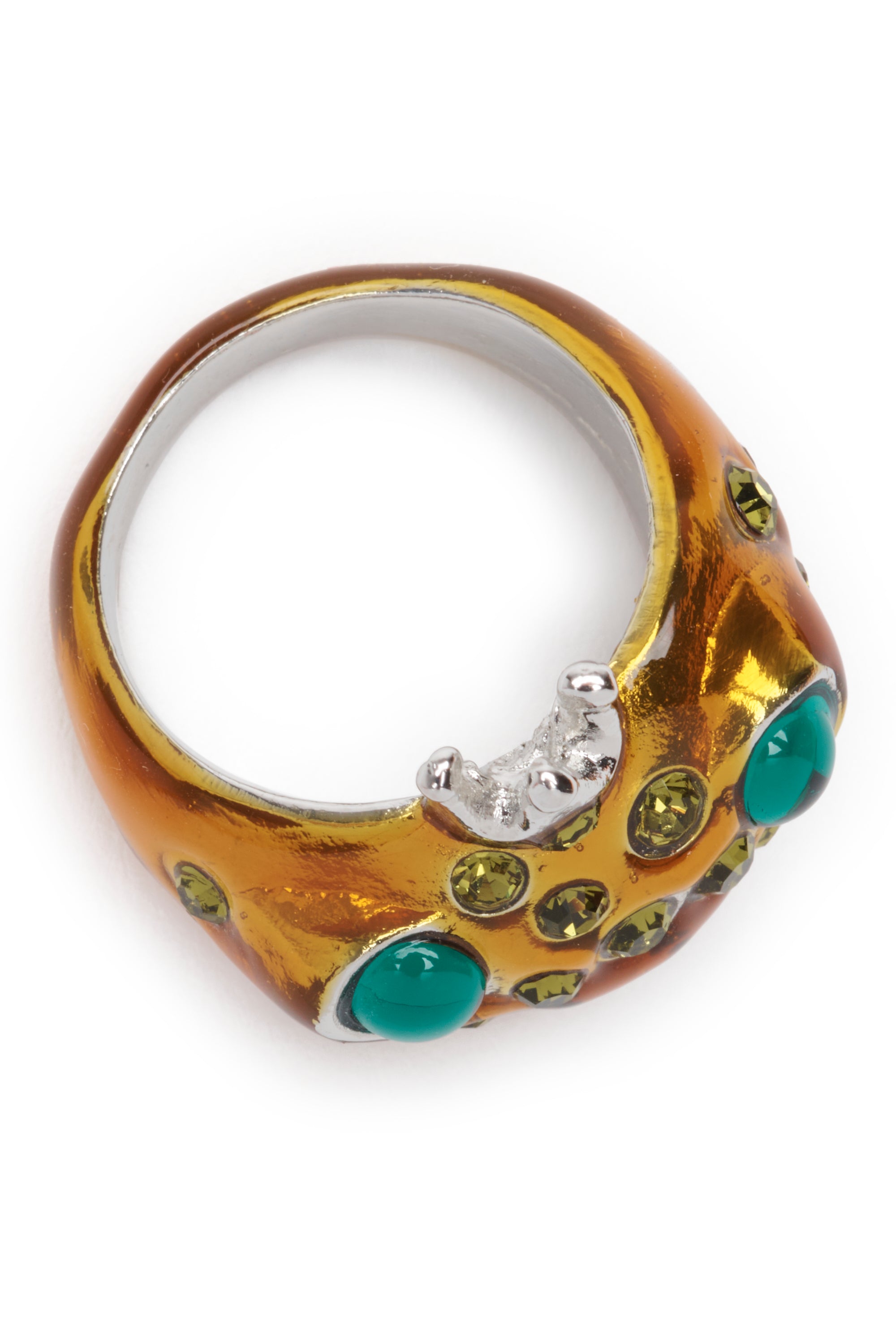 Frog prince ring with deadstock crystal freckles. Hand enameled.