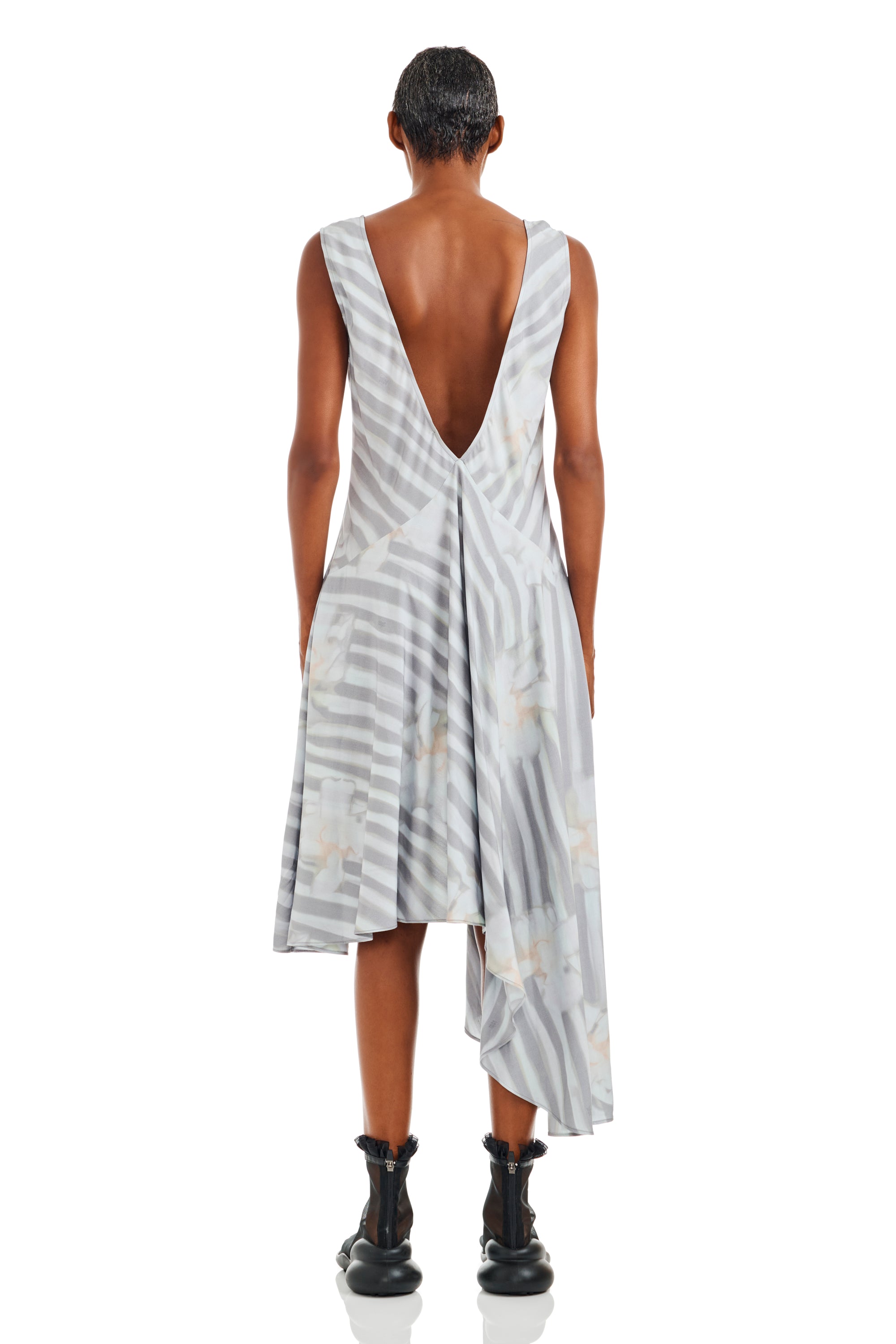 WASHED WAVY NAVY FLOWER STRIPE TULIP DRESS