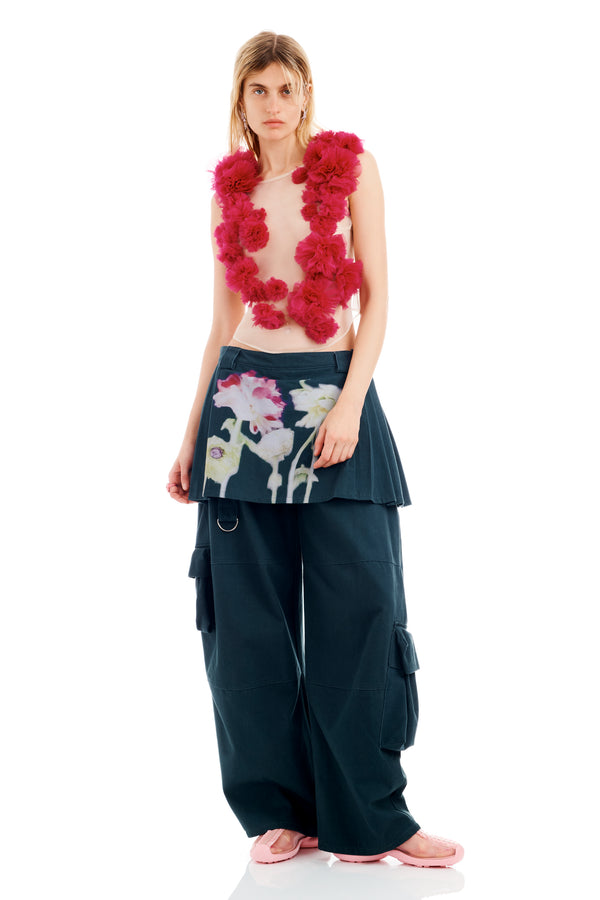 BLACK FLOWER DRIP LAWN SKIRT CARGO PANT