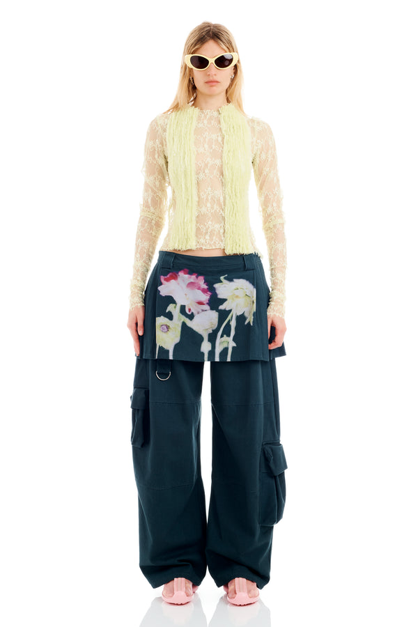 BLACK FLOWER DRIP LAWN SKIRT CARGO PANT