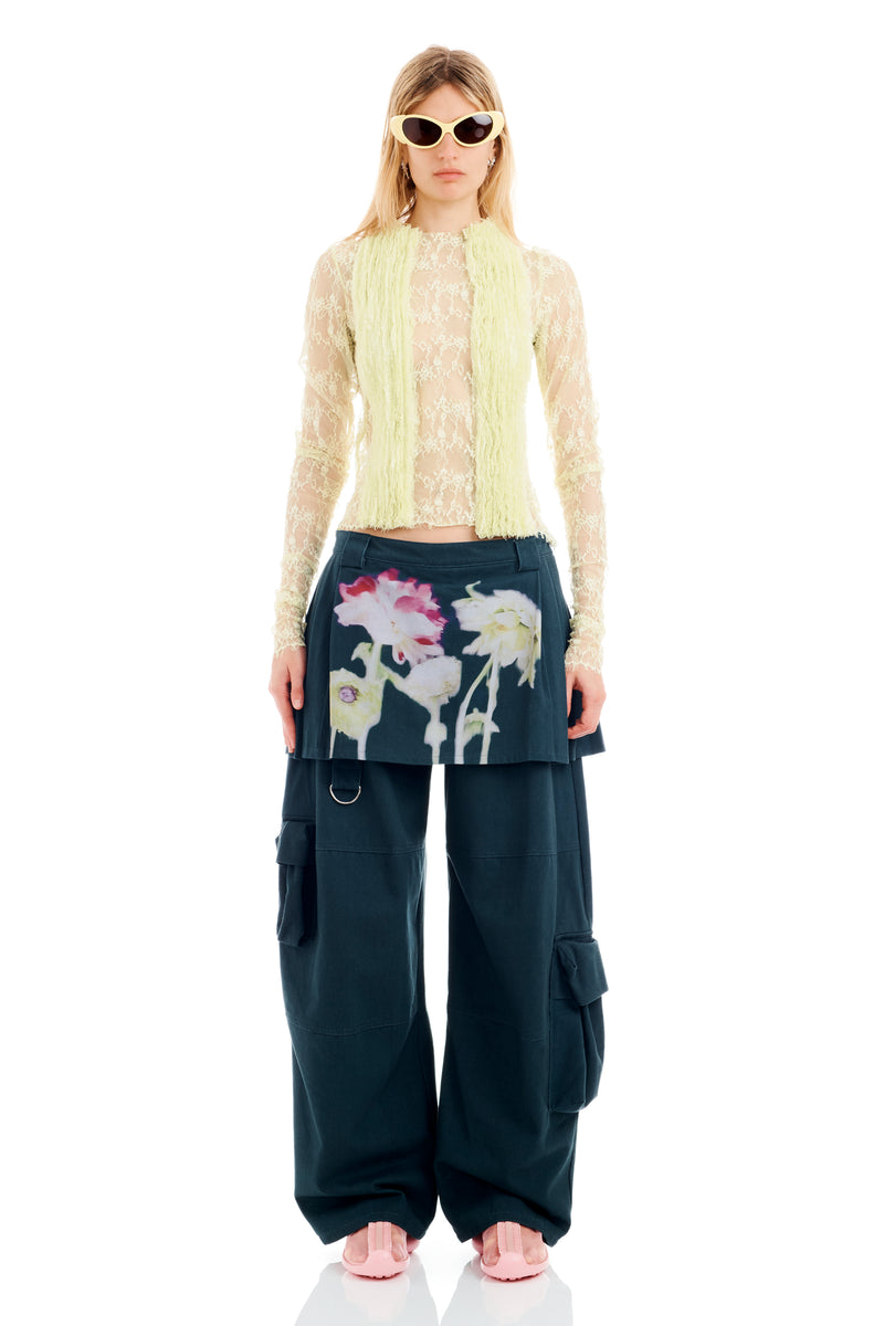 BLACK FLOWER DRIP LAWN SKIRT CARGO PANT