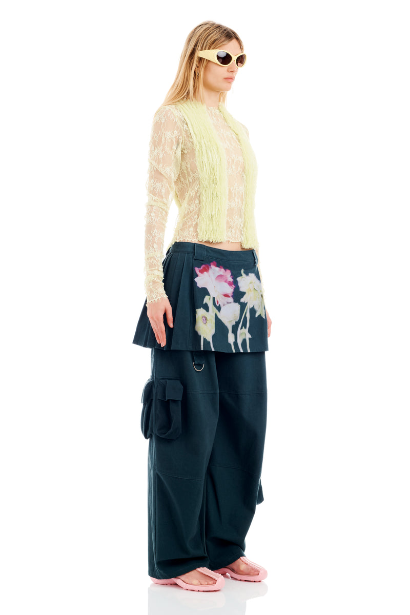 BLACK FLOWER DRIP LAWN SKIRT CARGO PANT