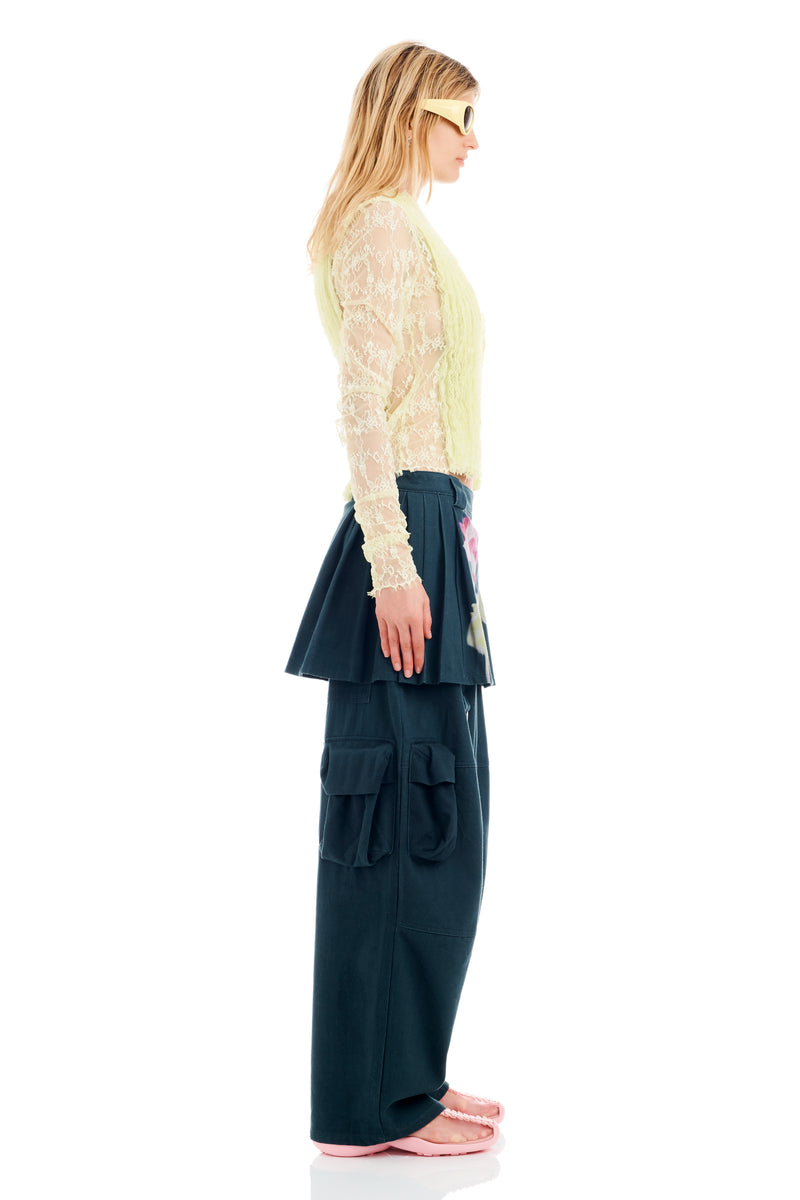 BLACK FLOWER DRIP LAWN SKIRT CARGO PANT