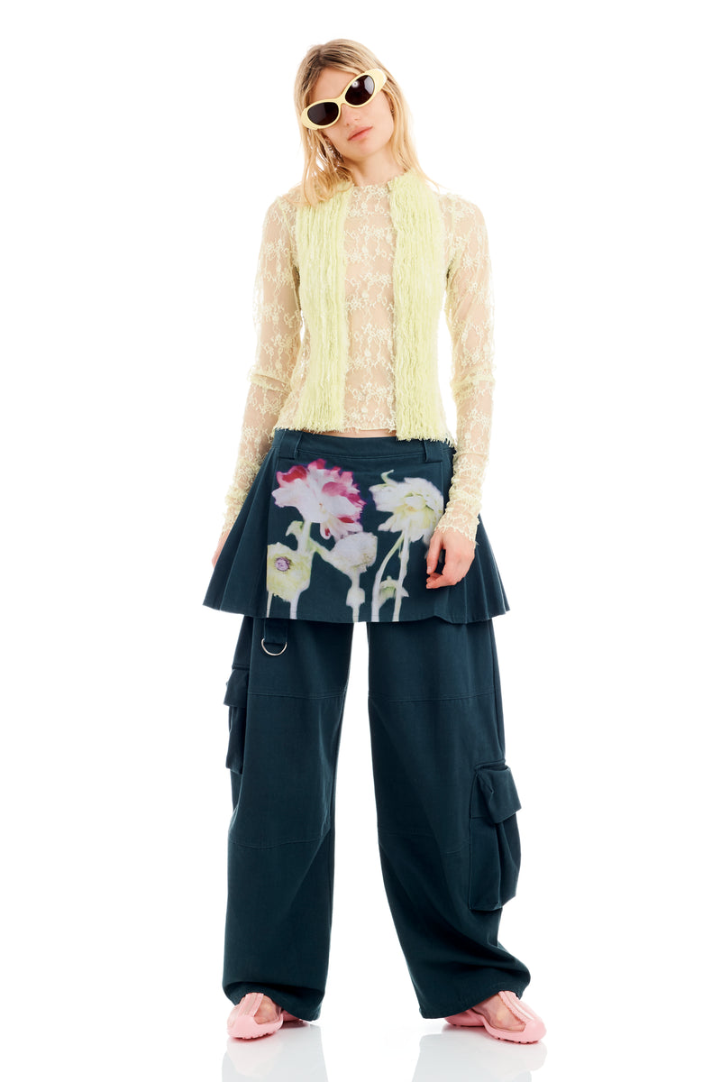 BLACK FLOWER DRIP LAWN SKIRT CARGO PANT