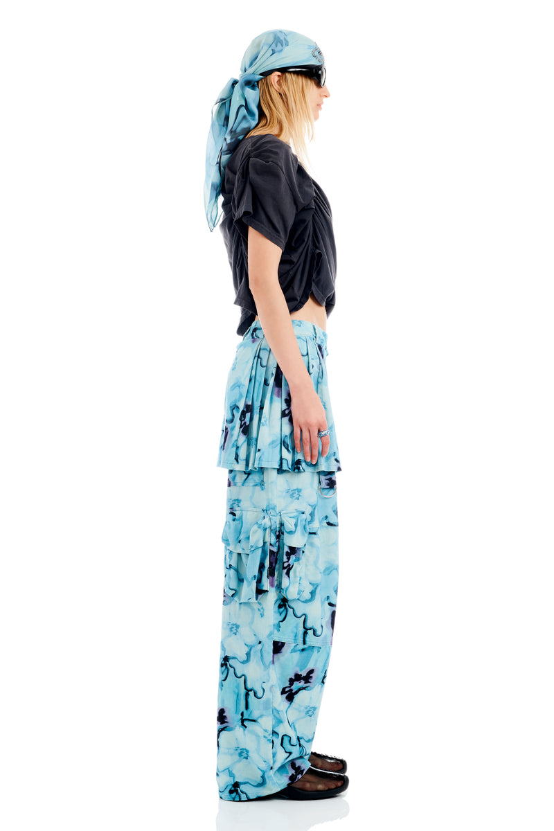 SKY WATERCOLOR FLORAL LAWN SKIRT CARGO PANT